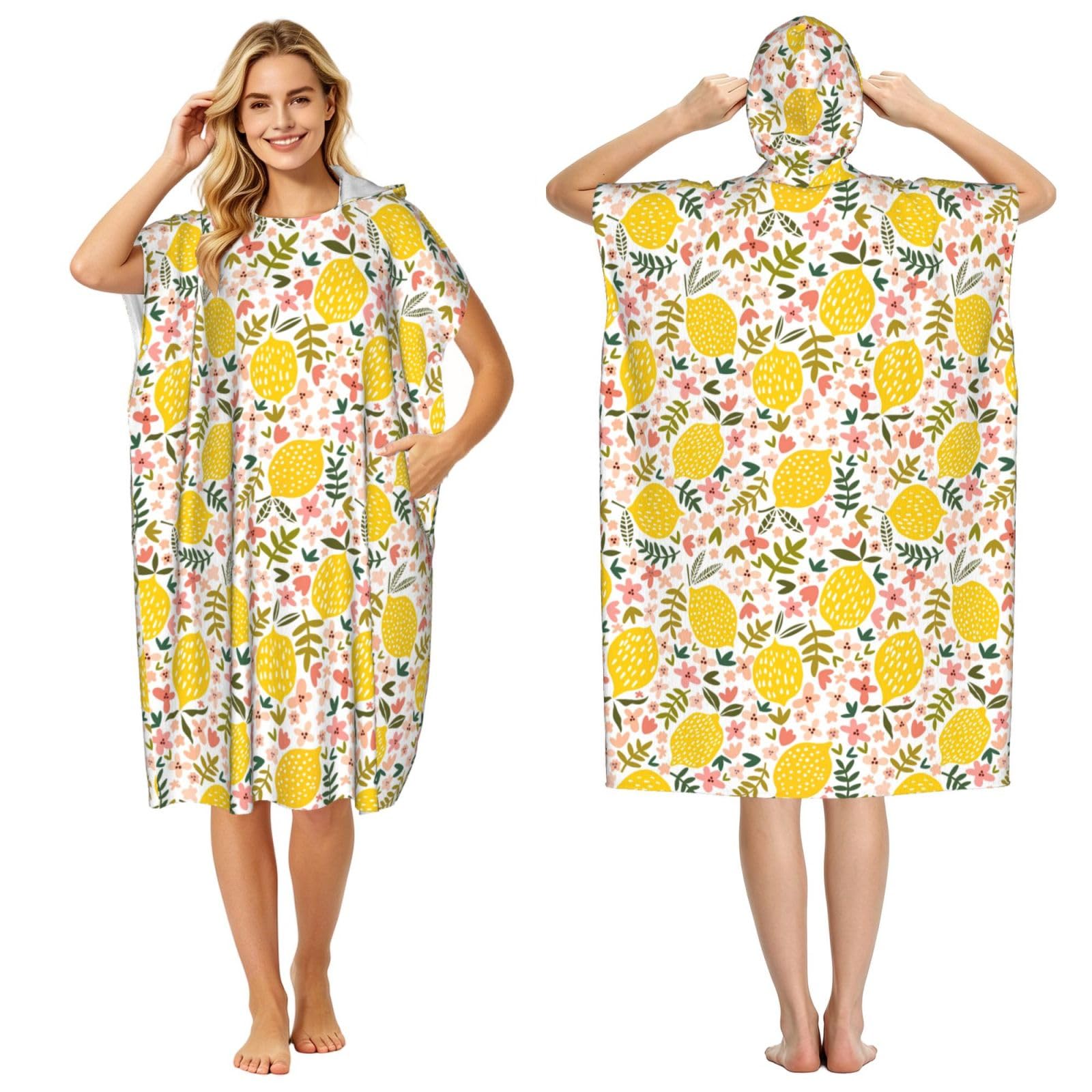 Poadnly Hibiscus Flower And Lemon, Adult Hooded Beach Towel 90 x 110 cm,Changing Bath Robe, Surf Poncho Towel For Women Men