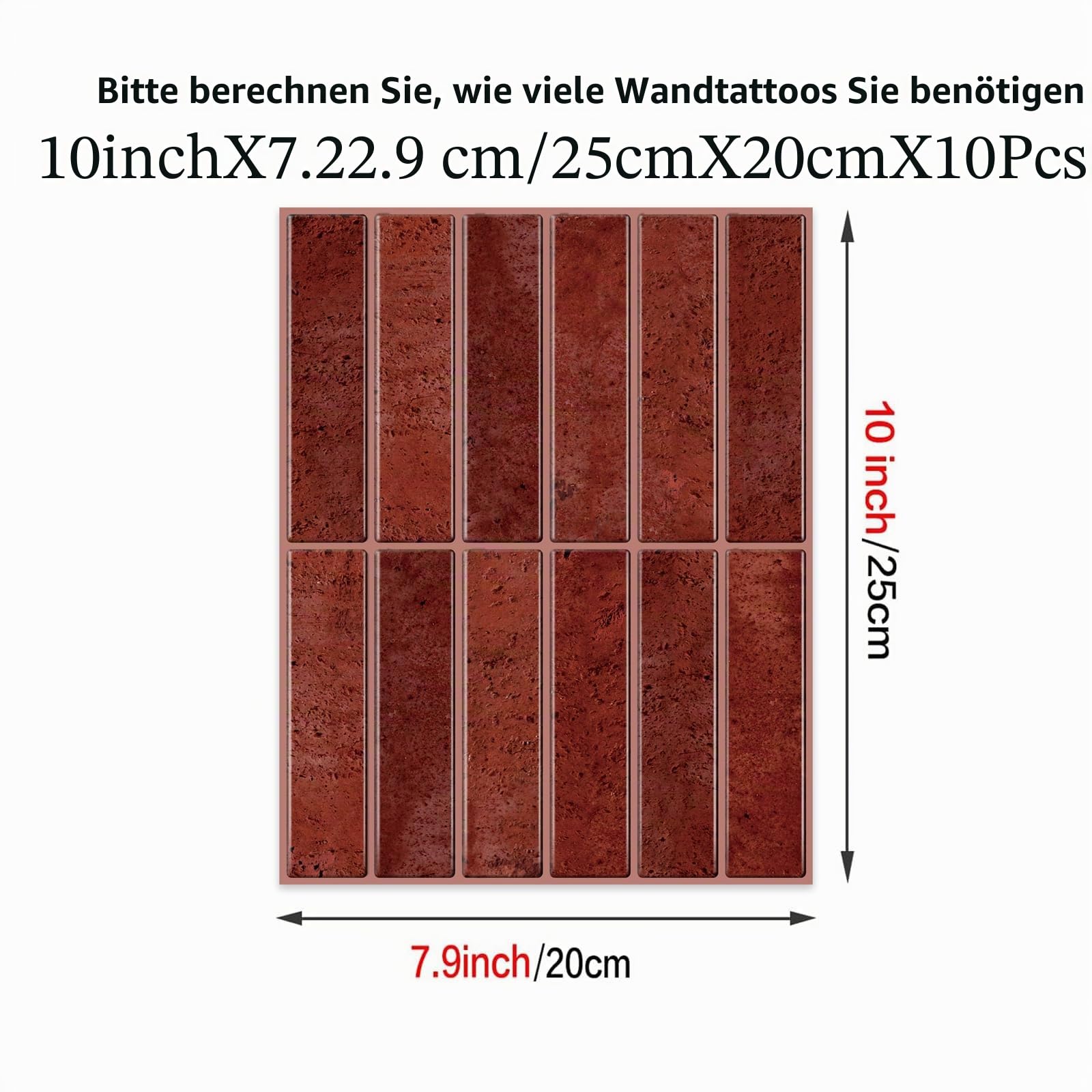 Alwayspon 20×25cm/7,9×10Zoll×10Stk Rote Marmor-Stil 3D Vinyl Spritzschutz Fliesen, selbstklebende Abzieh- und Aufklebefliesen Klebefliesen für Subway Fliesen Küche Badezimmer Dekor