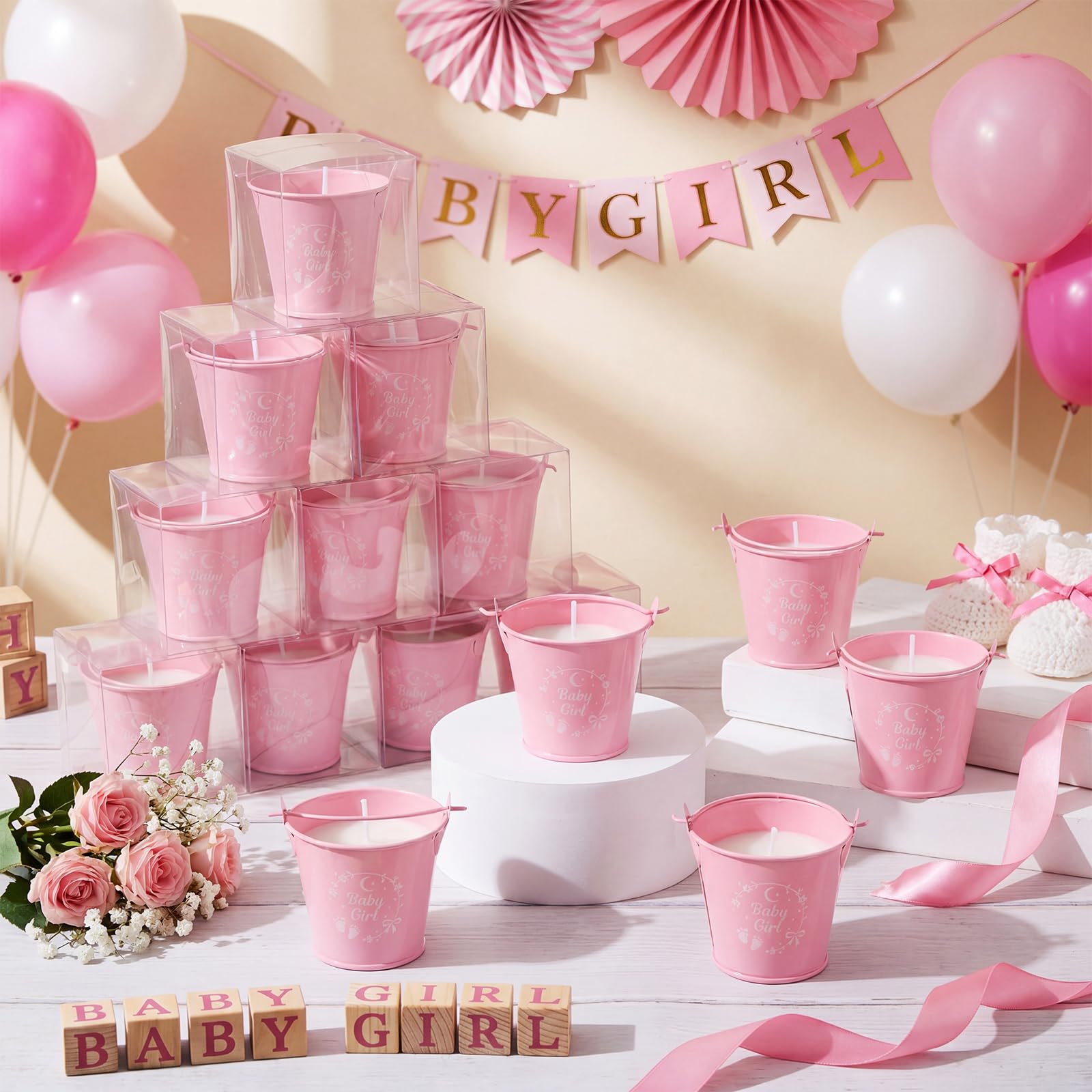 Treela Set di 24 candele per baby shower per ospiti profumate alla lavanda, 51 g, candela in cera di soia rosa secchio di ferro e confezione regalo per neonata rivelazione di genere forniture per