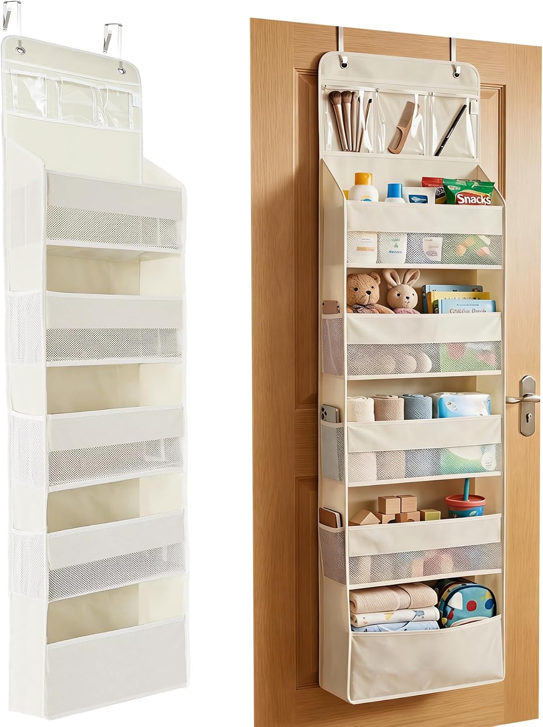 Over the Door Organizer, Door Storage Organizer with Large Capacity Pockets, Hanging Shelves for Bedroom, Closet, Dorm, Pantry (Beige, 4-Tier)