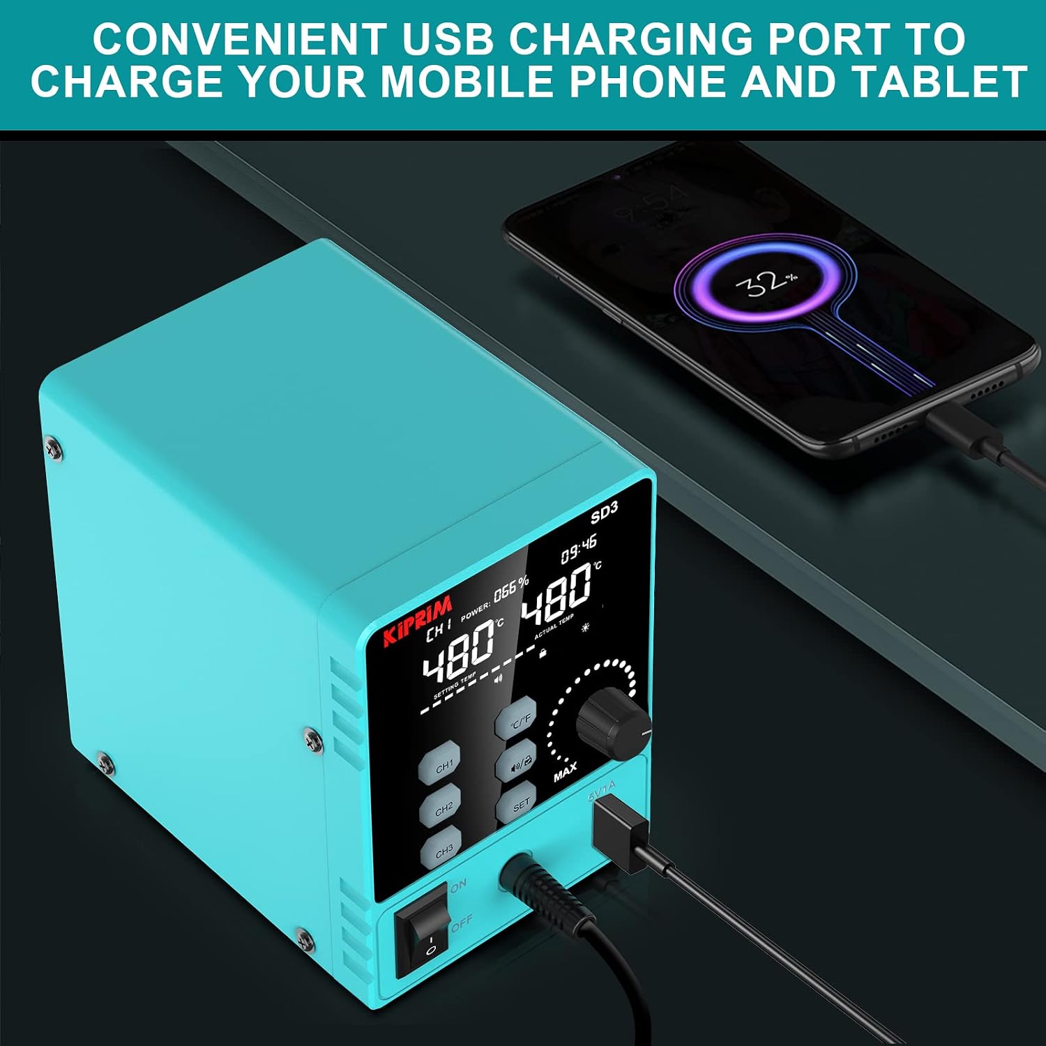 60W Smart Soldering Station 110V Input Kiprim SD3 Adjustable 392-896℉ Digital Soldering Iron Station with 5 Tips, 3 Data Preset Channel,Sleep Time Setting,℃/℉ Switch,USB Charging