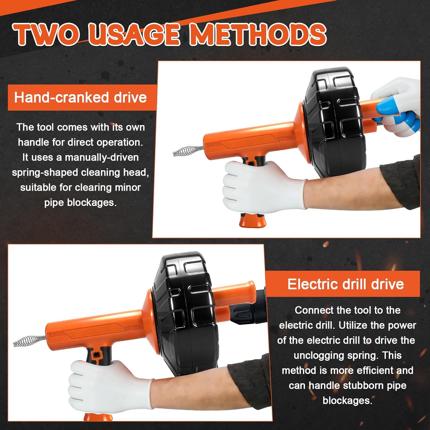 45 FT Drain Snake Tools, Manual Or Powered Double Mode Auto Retract Drain Drain Auger with Drill Attachment, plumbing snake for Sink、 Drain Unblocking、Toilet、Shower、Kitchen、Sink