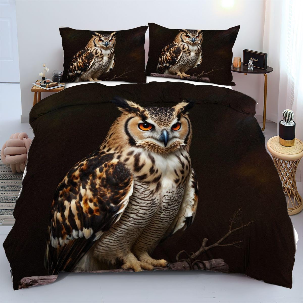 Linge de lit 220x240 cm chouette brune : ensemble complet sobre pour adulte