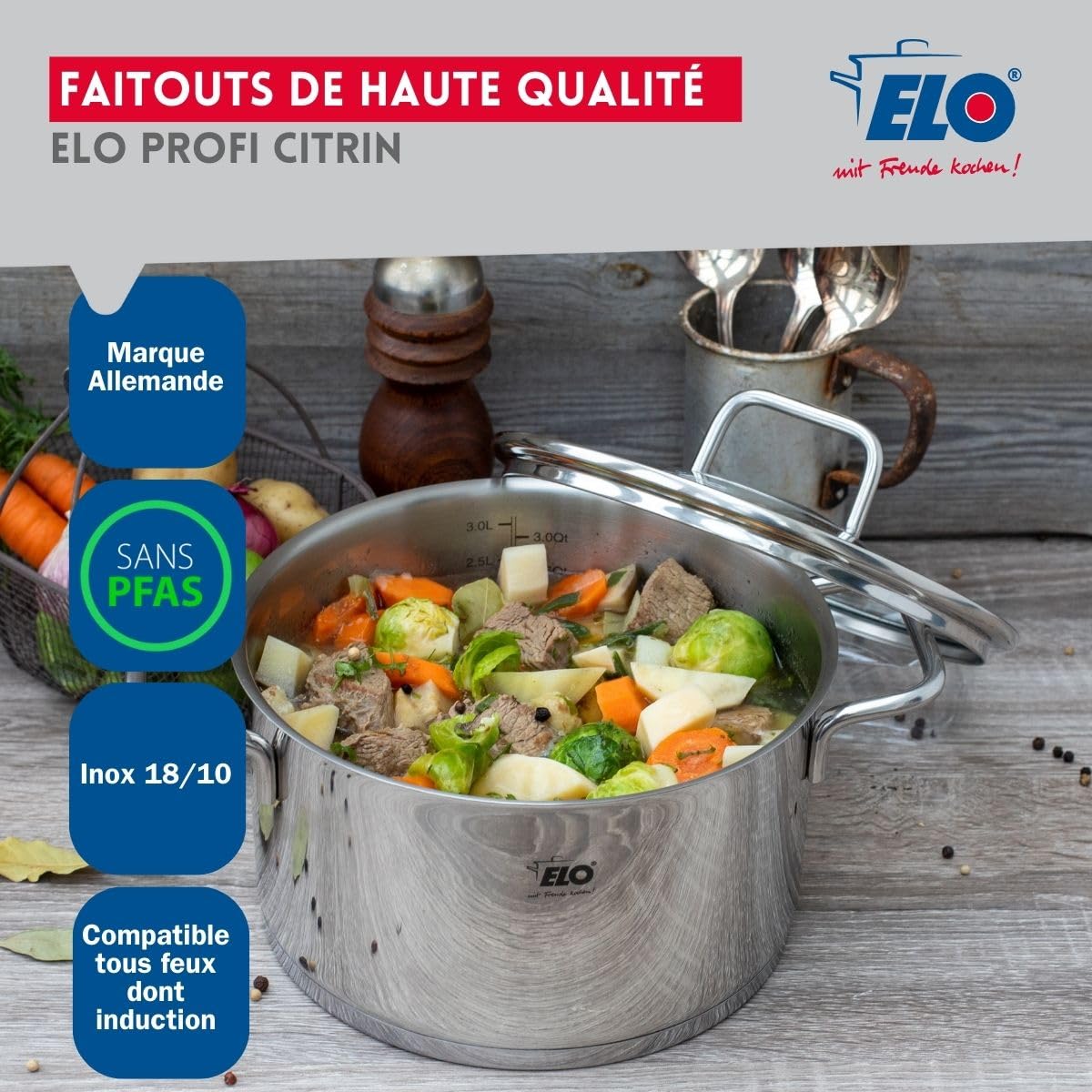 Elo Batterie cuisine 1 poêle 28 cm et 3 faitouts 14/16/20 cm