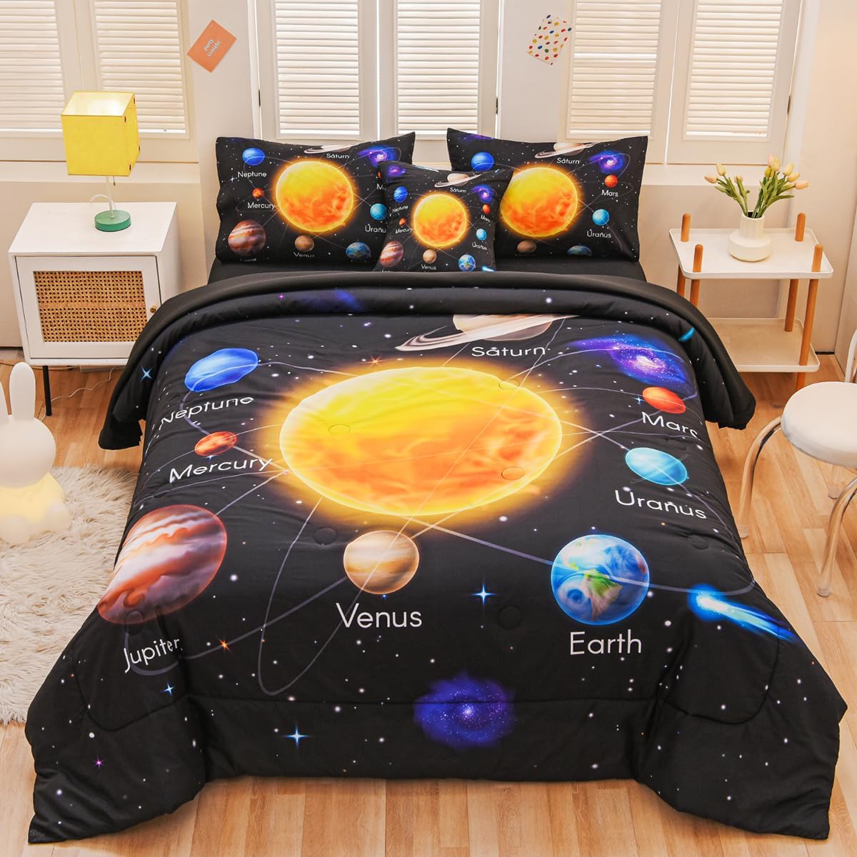 6 Pcs Bed in A Bag Twin Comforter Set for Boys, Solar System Universe Planet Comforter, Space Bedding Sets with Sheets for Kids