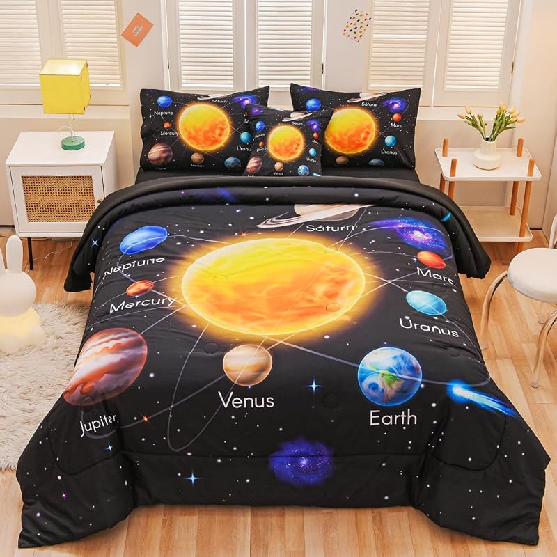 Tasselily Twin Comforter Set for Boys 6Pcs Bed in A Bag Space Bedding Set