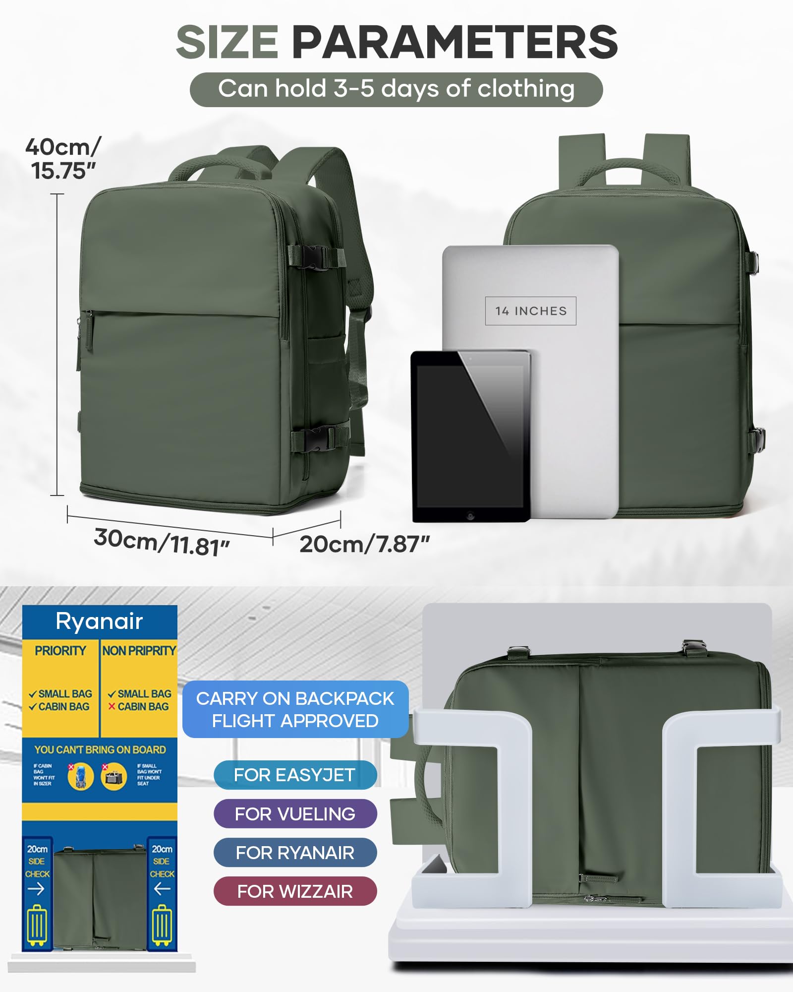 BJLFS Zaino da Viaggio con Sottovuoto Ryanair 40x30x20 Wizzair Bagaglio a mano 40x20x25 Ryanair con Pompa Borse da Cabina per Easyjet 45x36x20 con compressione sottovuoto,Zaino Casual per Laptop