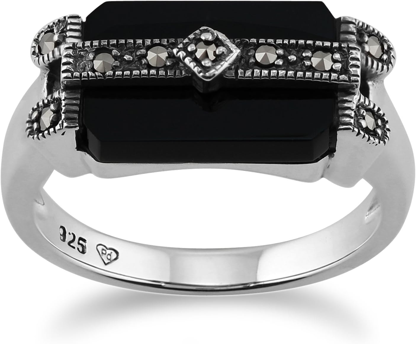 925 Sterling Silver Art Deco Black Onyx & Marcasite Ring