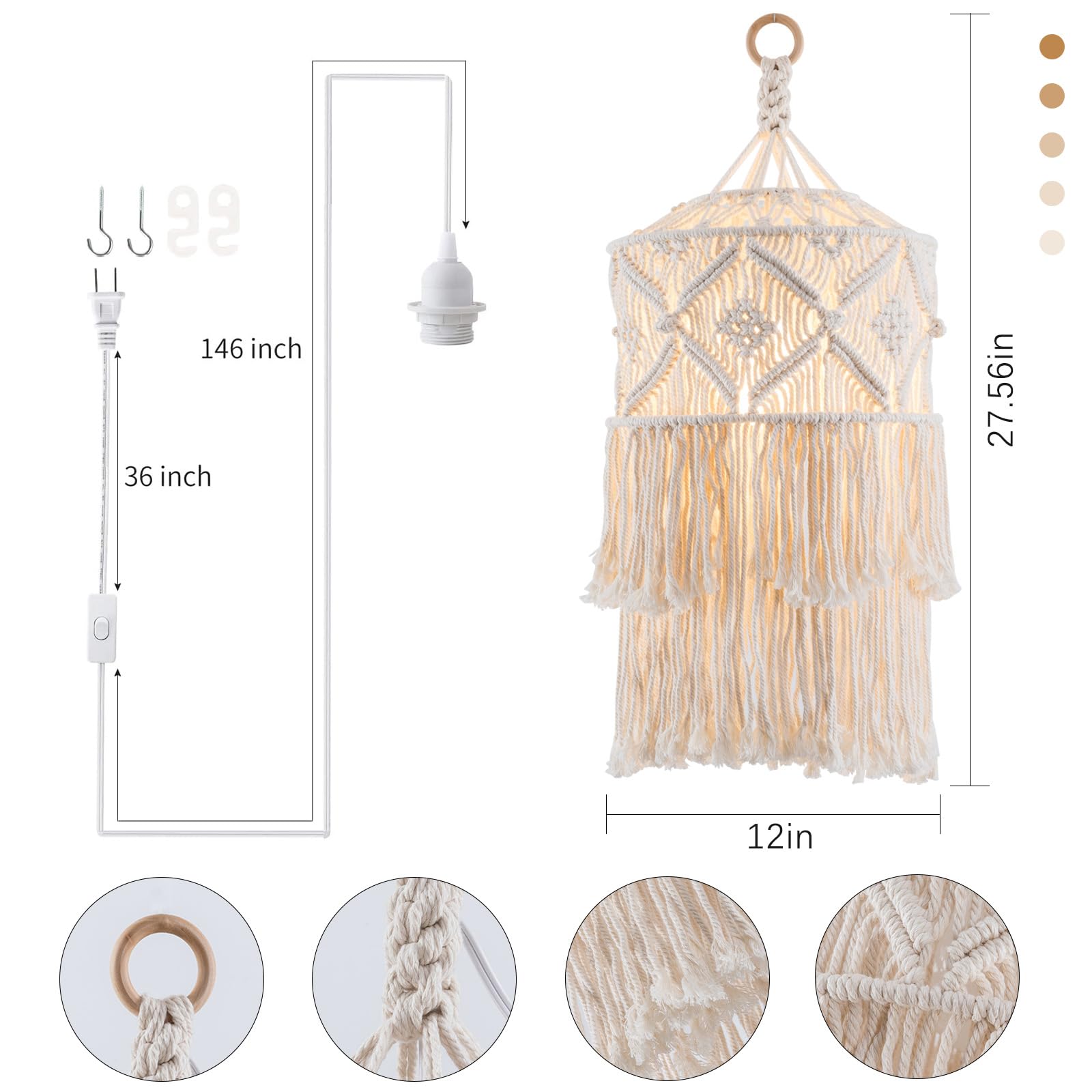 Boho Plug in Pendant Light, Hanging Light with Plug in Cord, Hanging Lamp with Handmade Macrame Lamp Shade, Boho Plug in Hanging Light Fixtures for Living Room Bedroom Decor