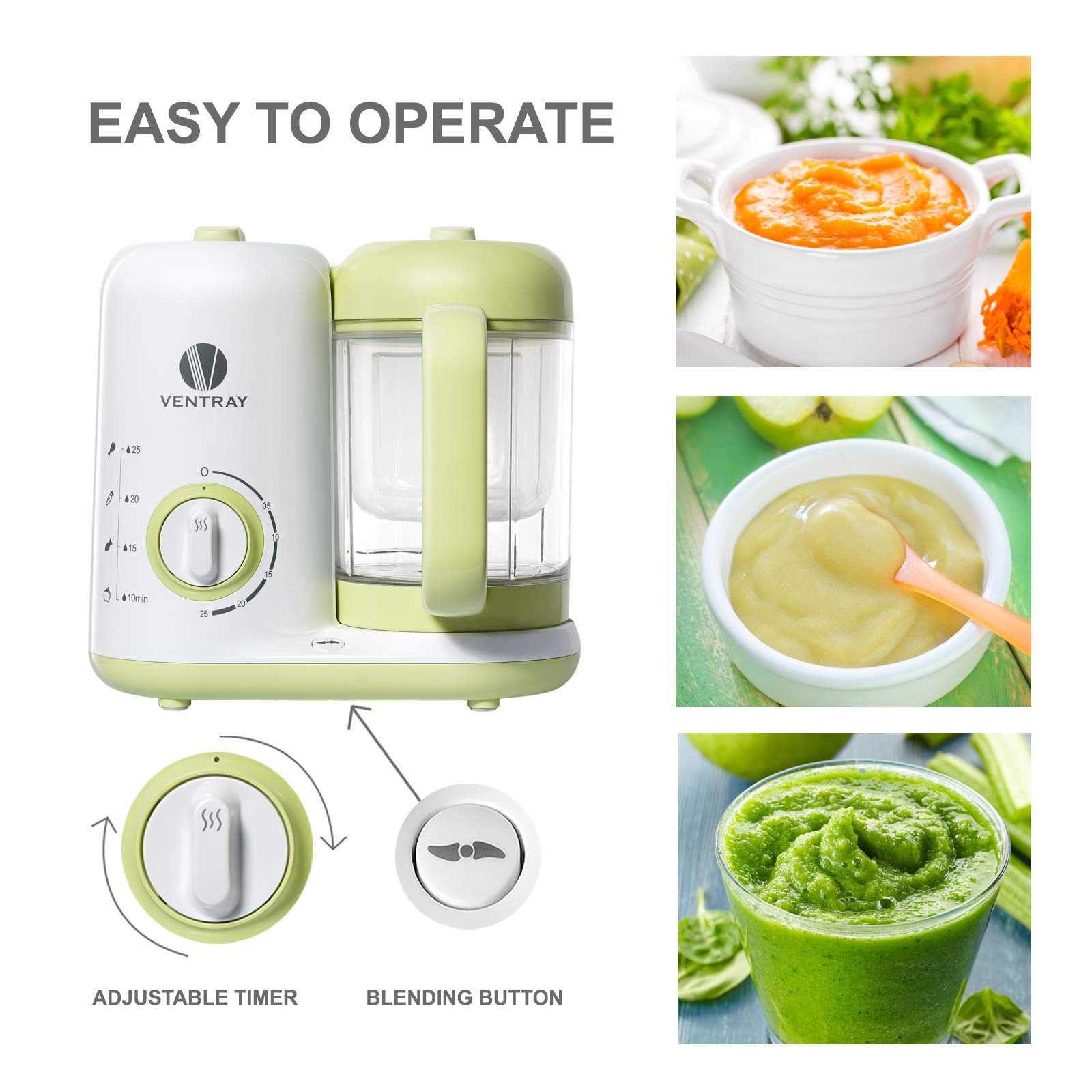 Ventray Baby Food Maker, Puree Küchenmaschine Dampfgarer Mixer Herd Wärmer Maschine für Kleinkinder Baby, All-in-One Auto Kochen Leicht zu reinigen und BPA-frei - Grün