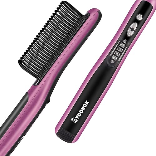 Fast Heating Hair Straightener Brush - Anti Scald Ceramic Straightener Brush, Anti Scald Ceramic Straightening Brush with 6 Temp Settings 20 Minute Auto-Off Straightening Comb for Home, Travel & Salon