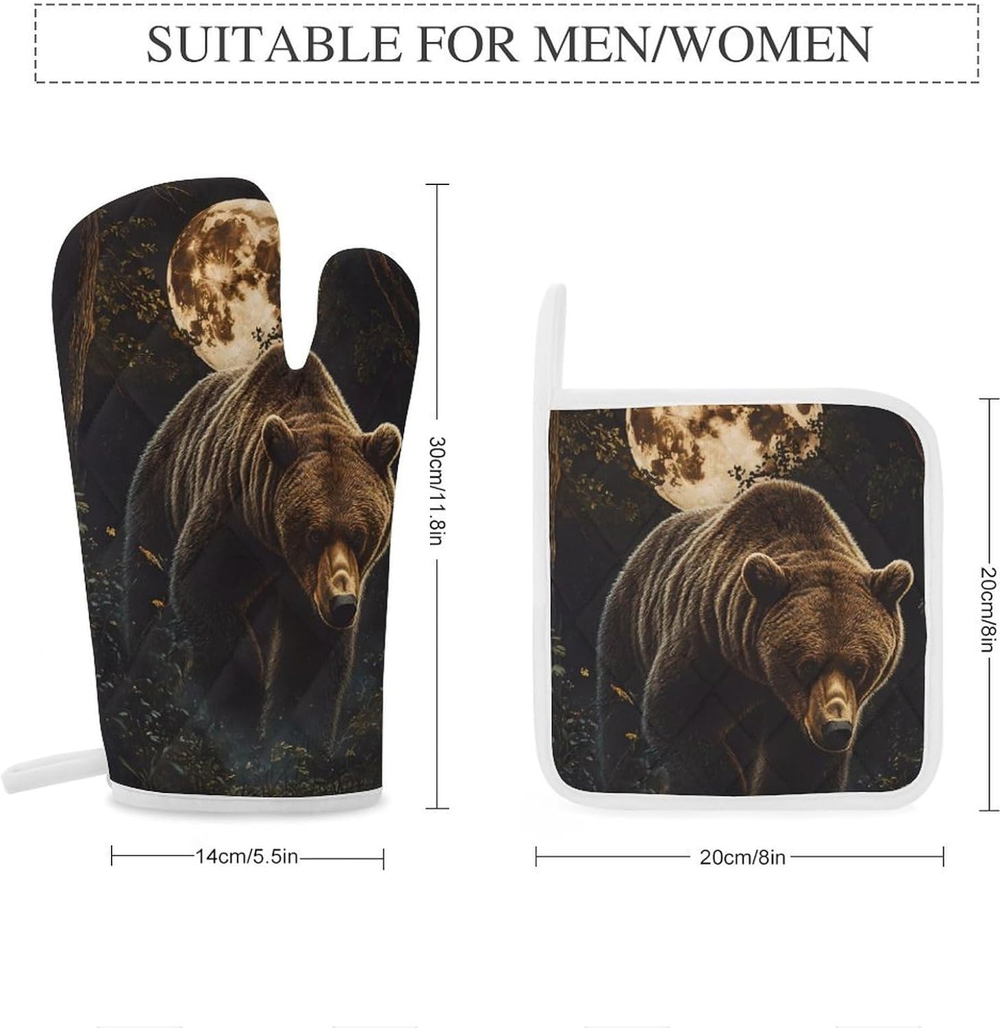 Grizzly Bear Walking Through Forests Oven Mitts and Pot Holders 4Pcs Set Heat Resistant Cooking Mitts Hot Pads