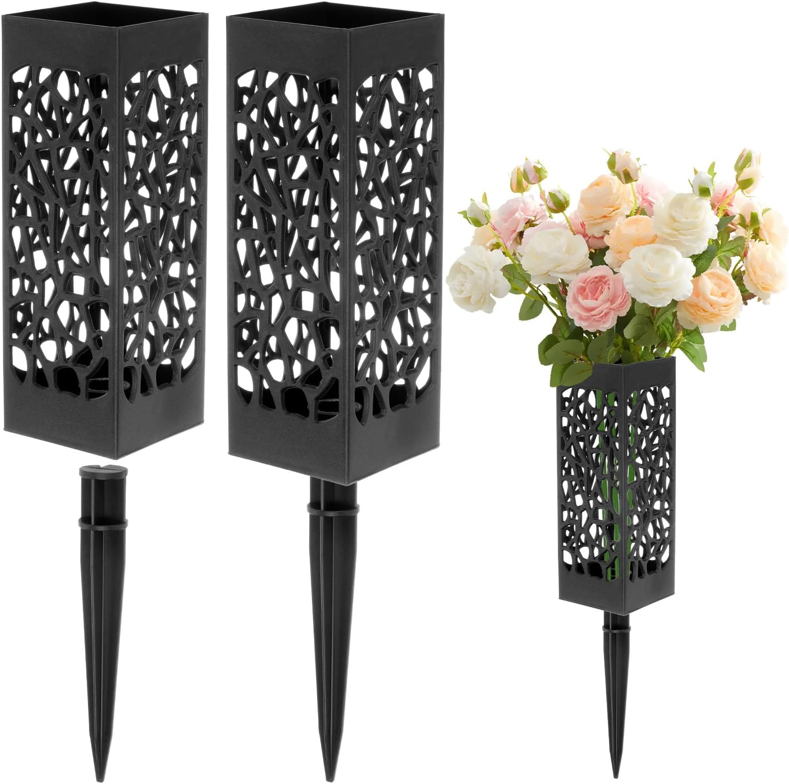 M METERXITY 2-Pack Cemetery Vases with Spikes, Plastic Flower Holder Grave Decorations Drainage Holes for Gravestone/Headstone/Memorial/Cemetery/Grave Markers, Floral Holder Vases [Black]