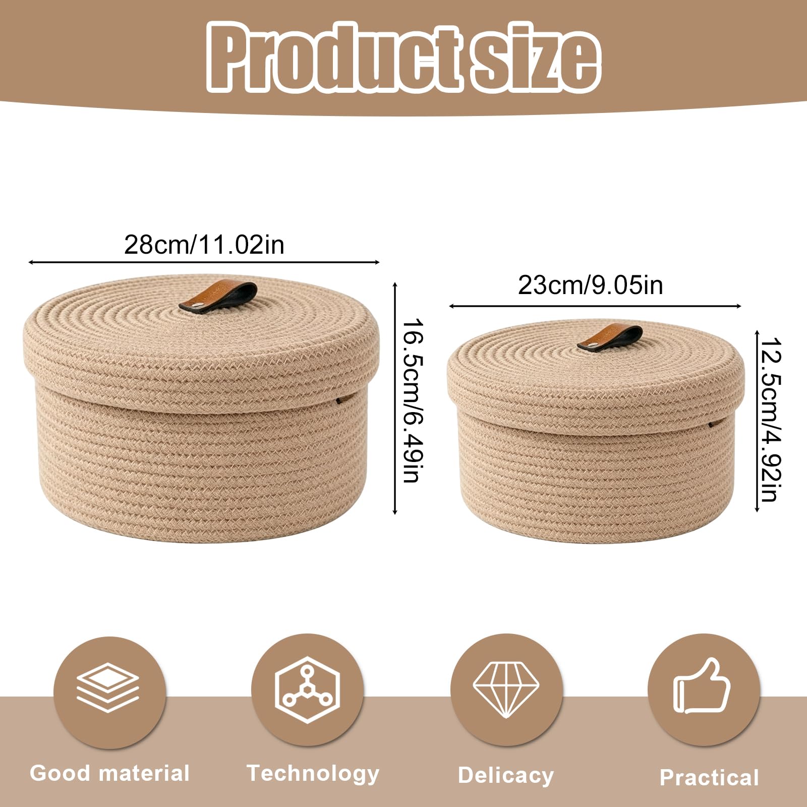 2 cestas de almacenamiento con tapa, cestas de cuerda de algodón con tapa, cesta trenzada lavable, cesta de almacenamiento multifuncional para salón, baño, oficina, decoración