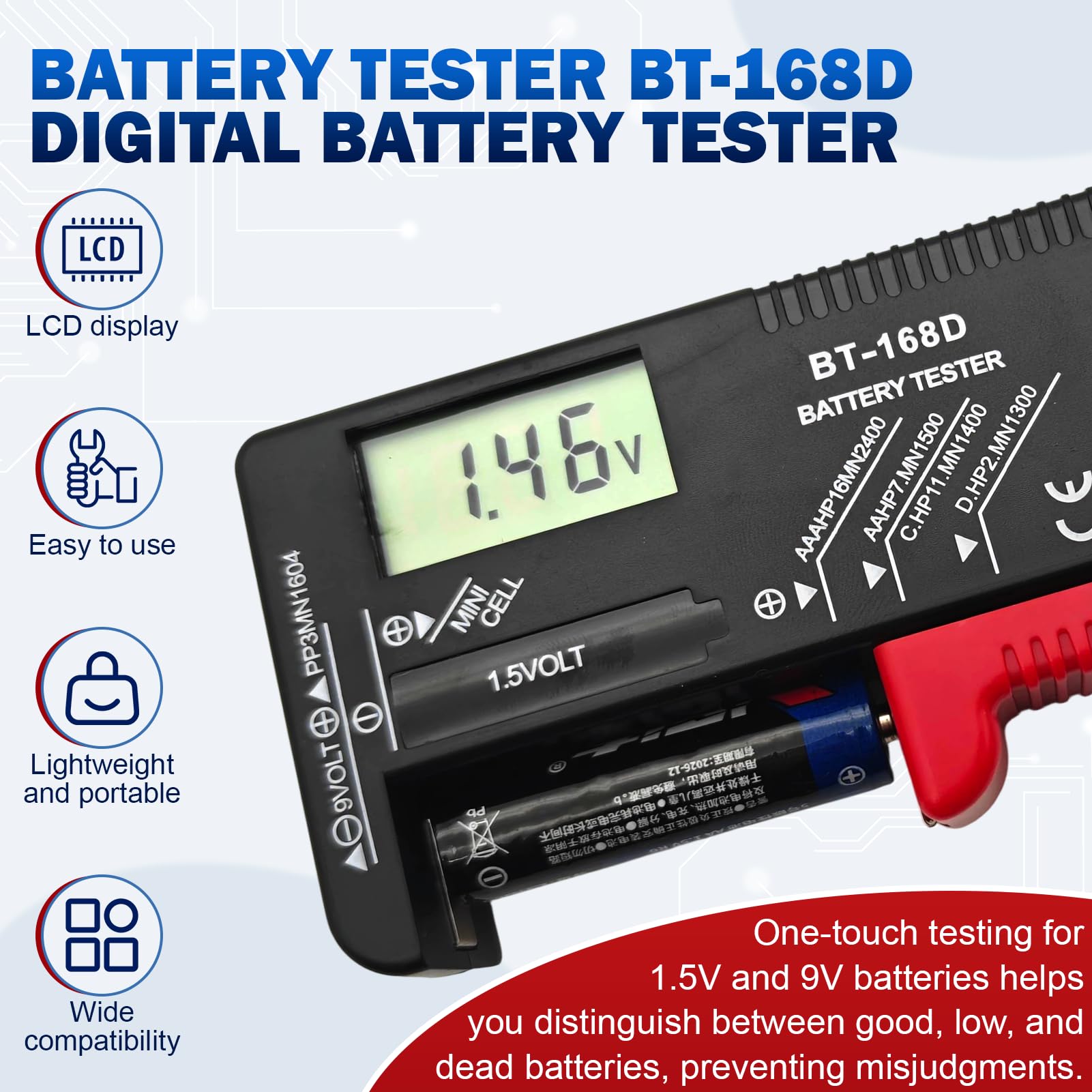 Testeur de batterie numérique,Testeur de Piles Universel,contrôleur de batterie pour AA AAA C D 9V 1.5V Batteries