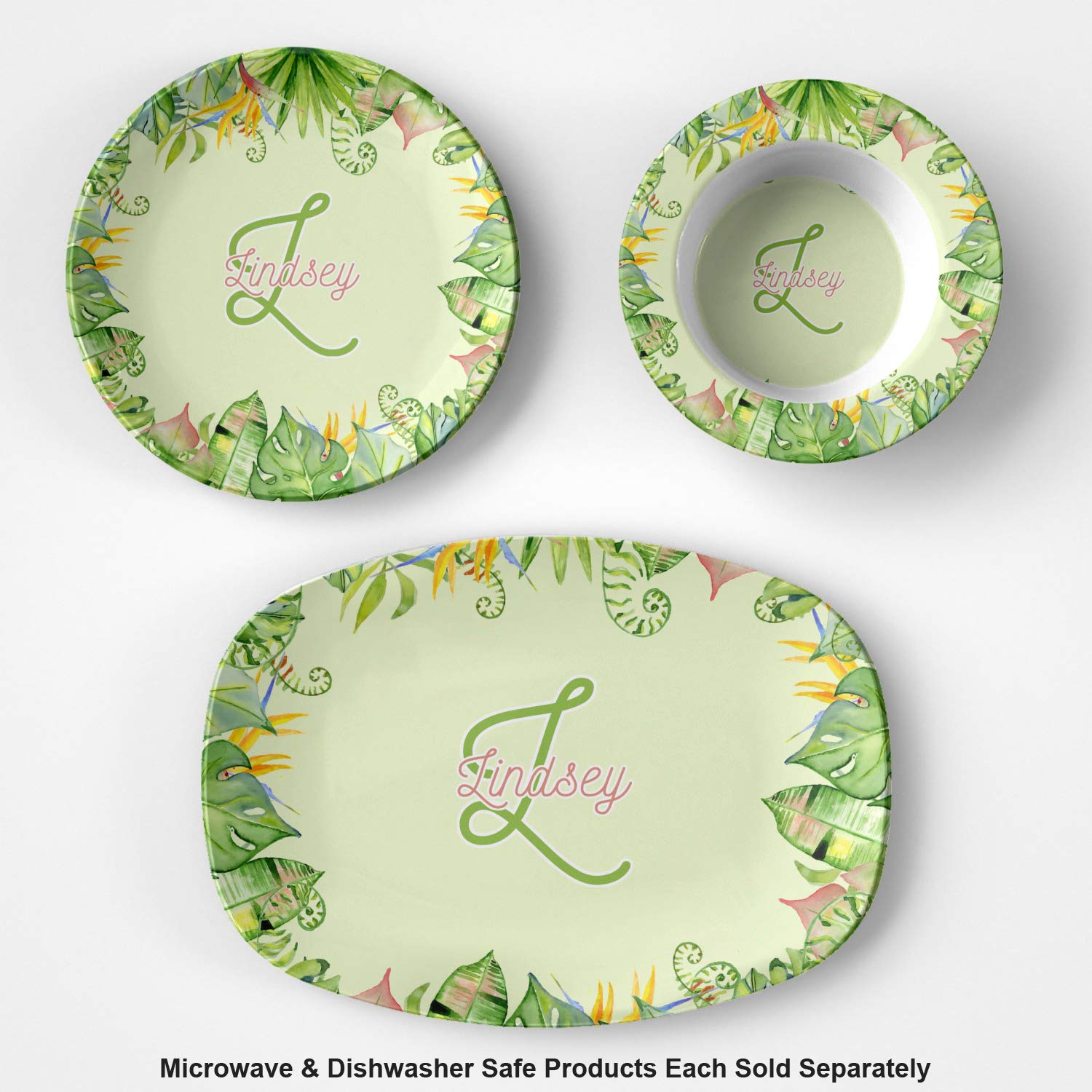 Personalized Tropical Leaves Border Plastic Bowl - Microwave Safe - Composite Polymer