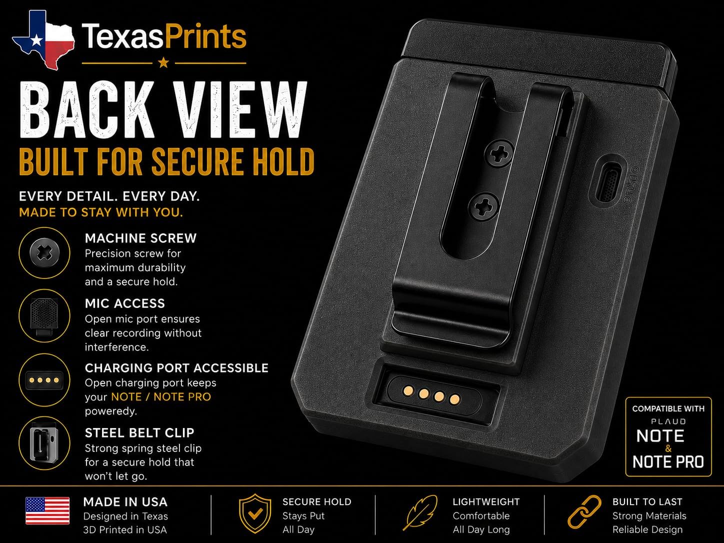 TexasPrints Belt Clip Compatible with PLAUD Note and PLAUD Note Pro Leather Cases – Black, Recorder and Cases Not Included image 3