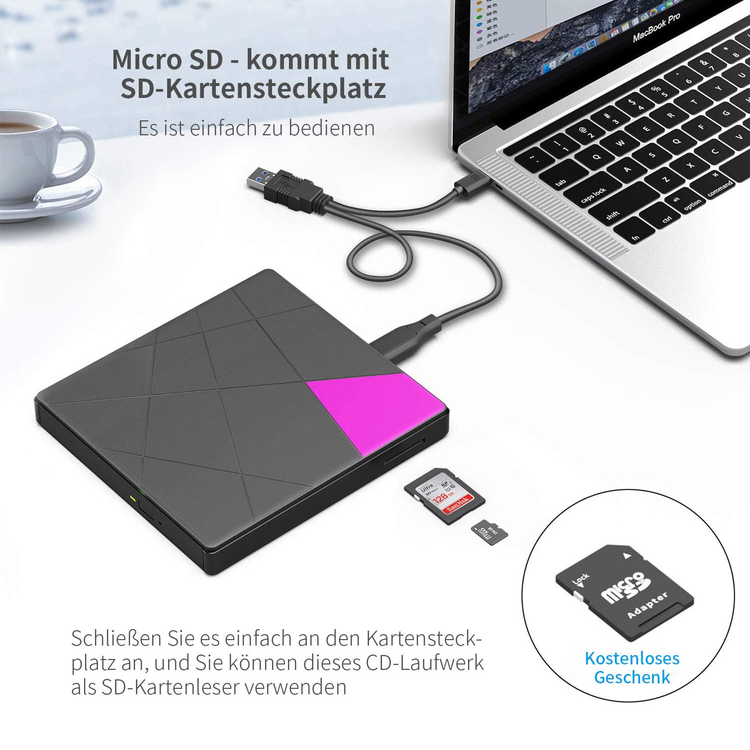 Cocopa - Unidad Externa portátil de CD y DVD, USB 3.0 Slim USB 3.0, grabadora RW, Lector de Tarjetas SD, Gran Transferencia de Datos para Ordenador portátil, Mac, iOS, Windows 10/8/7/XP/Linux