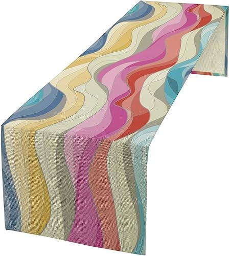 Camino de mesa ondulado retro, abstracto, colorido, arcoíris, ondas, remolinos, lindo, bohemio, estético, para casa de campo, cocina, mesa de