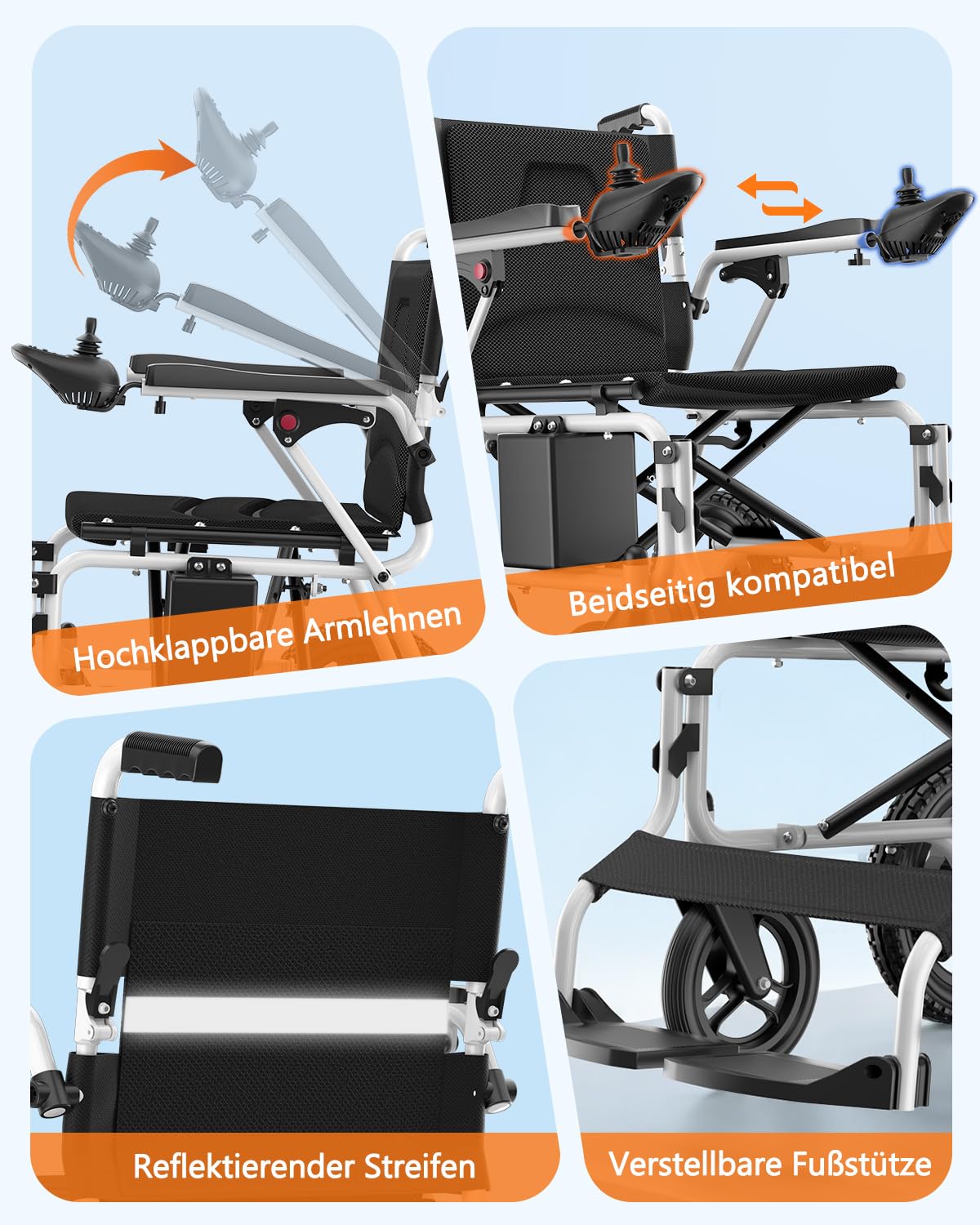Elektrischer Rollstuhl mit 20km Reichweite,16.8kg Rollstuhl Elektrisch Faltbar Schmal Rollstuhl für Wohnung & Reisen, 125kg Tragkraft für jedes Gelände geeignet
