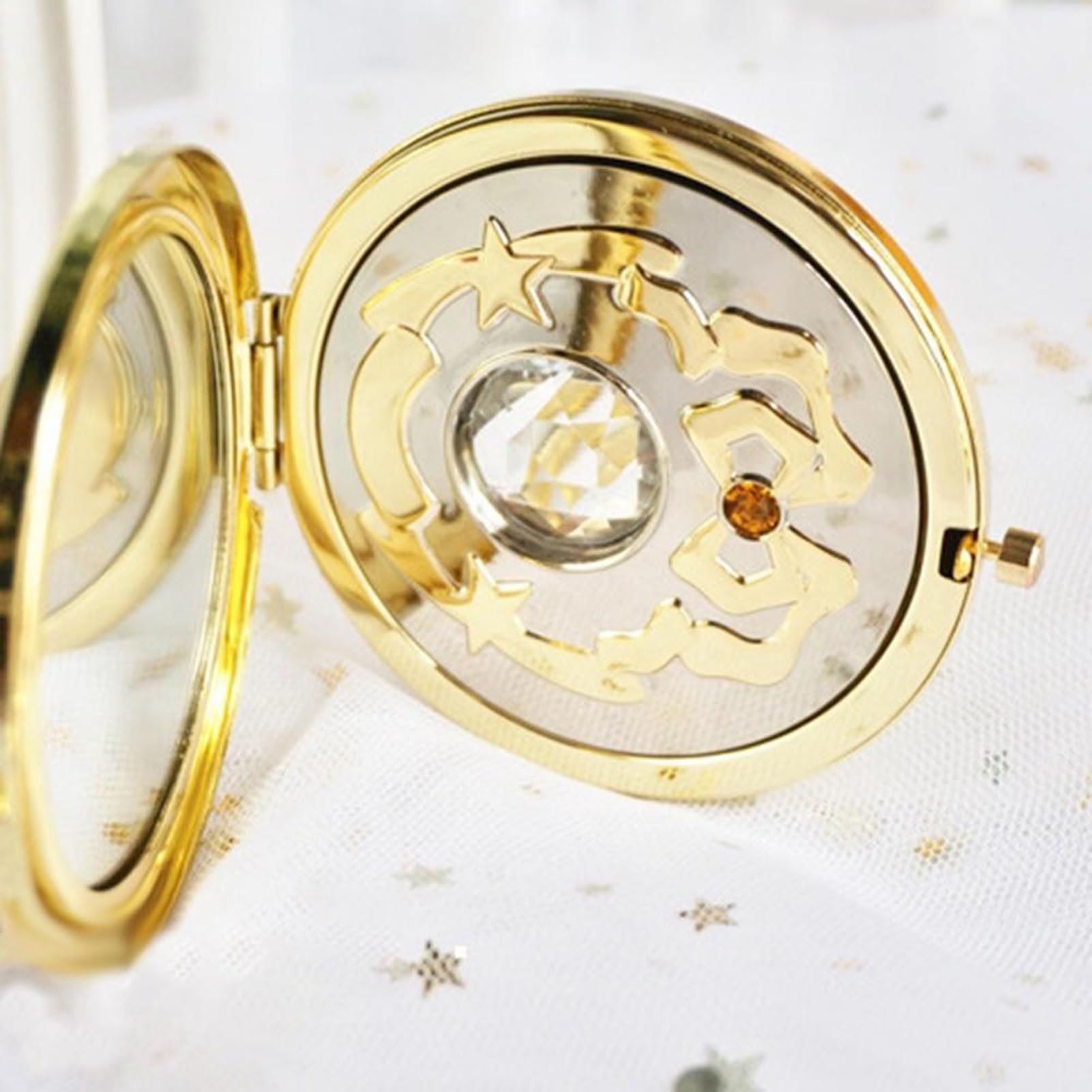 Specchio per Trucco Anime - Specchio Pieghevole con Design a Stella in Cristallo per Ragazze, Custodia in Metallo Resistente, Cosmetico Accattivante, Idea Regalo Perfetta, Diametro 7 Cm