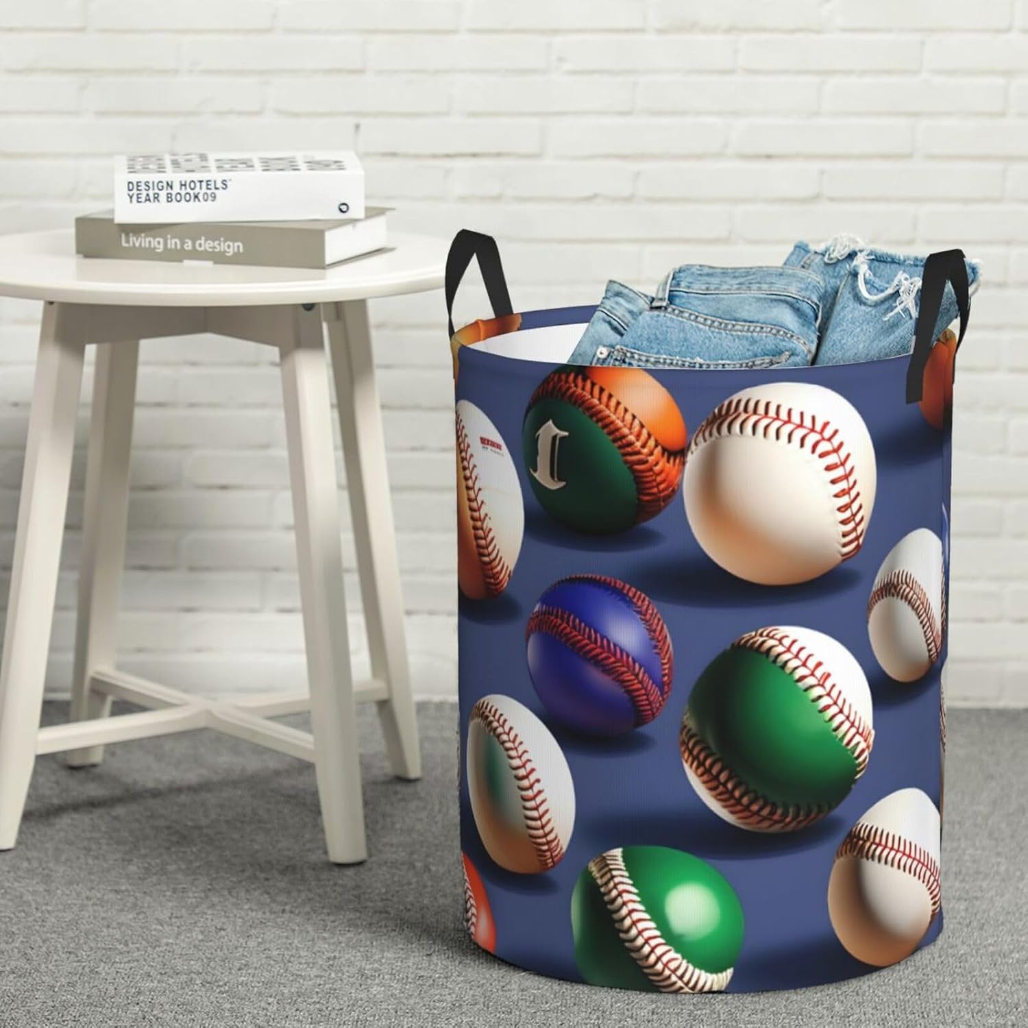 Sport Baseball Print Circular Protable Storage Bin,Basket For Laundry Hamper With Handles Bedroom Clothes