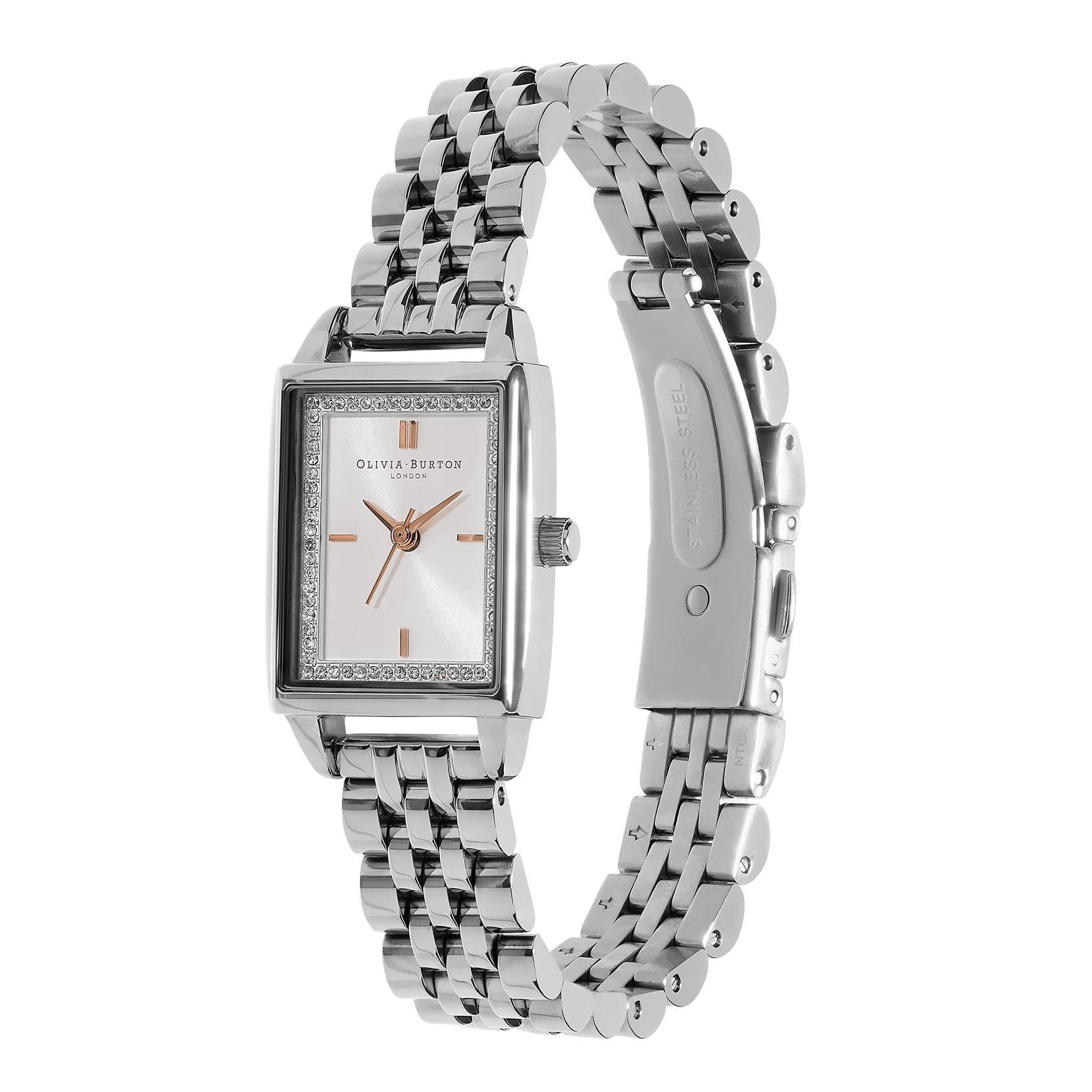 Olivia burton Reloj analógico rectangular para mujer con esfera blanca-24000012, blanco