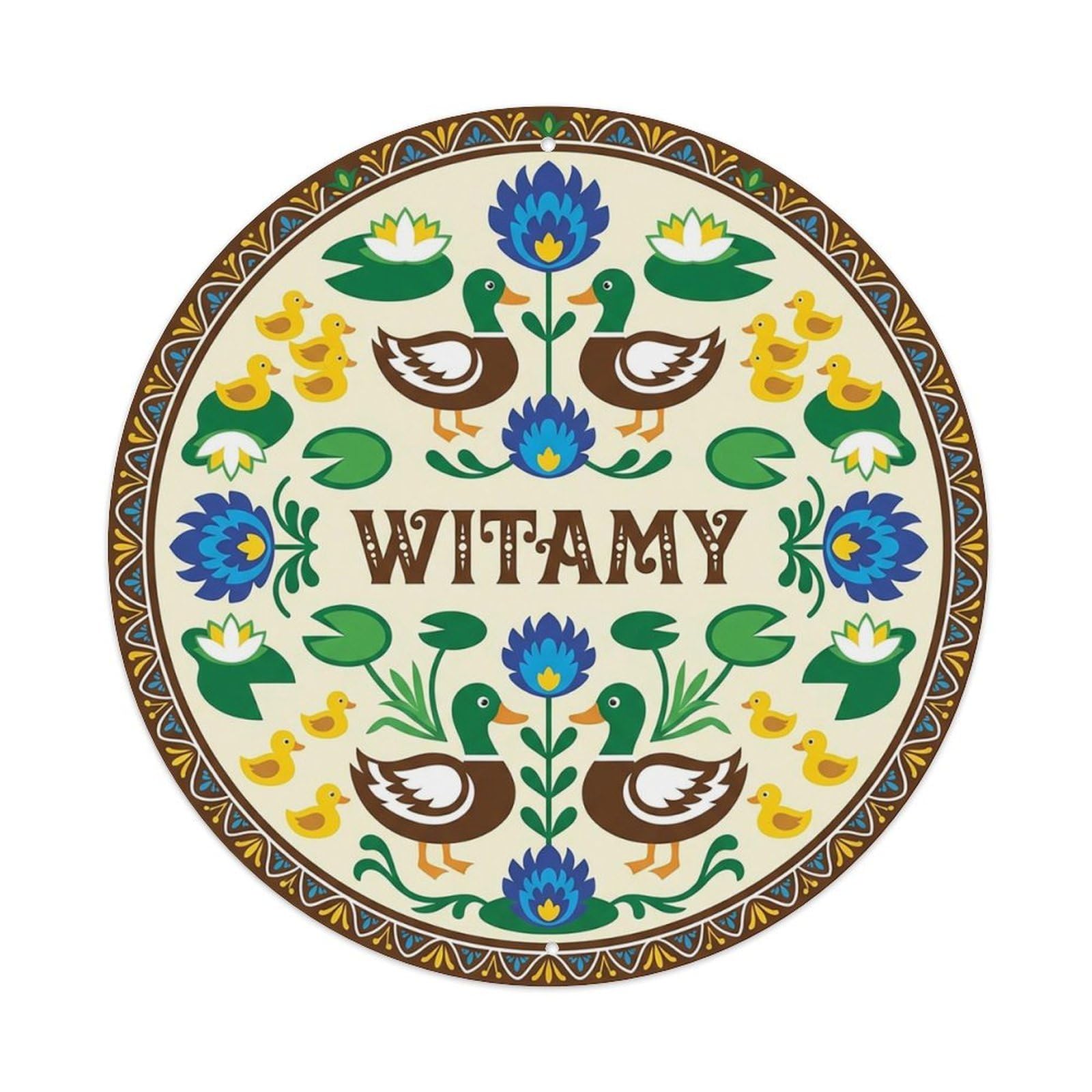 Vintage Polish Folk Art Witamy Welcome Duck Pond Metal Tin Sign