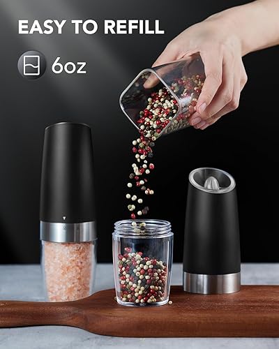 Miniatura 8 de FORLIM Gravity - Juego de molinillo eléctrico de sal y pimienta (2 millas), pimentero automático a pilas, grosor ajustable, luz LED, acero