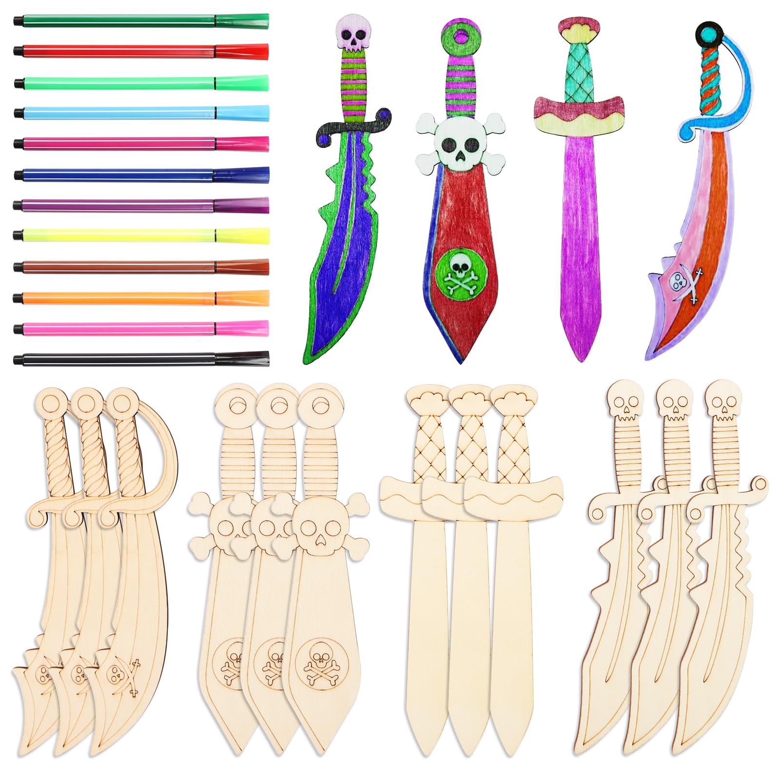 Yooyan Pack of 12 Wooden Pirate Swords - for Painting, Creative Pirate Sabre Wooden Sword, Children's Pirate Sword, Wooden Craft Set, Gift, Carnival Gifts for Boys and Girls, DIY Painting Decoration