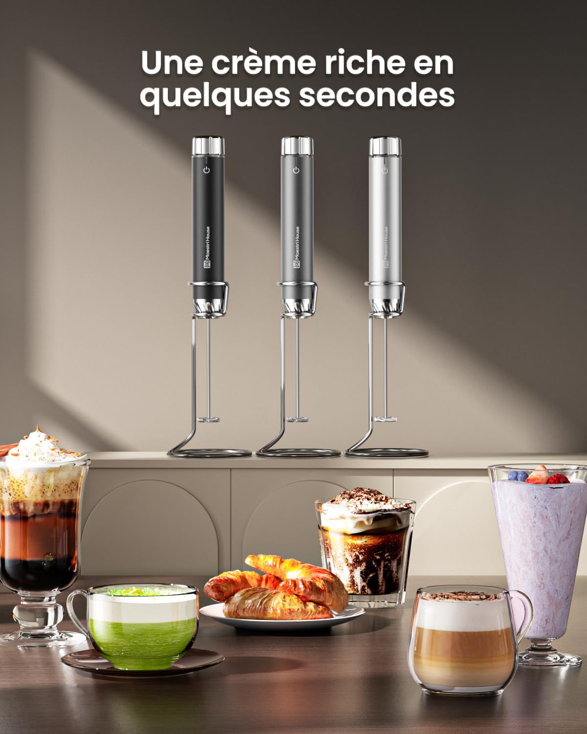 Maestri House Mousseur à Lait Rechargeable, Réglage de la Vitesse en Continu, Mousseur a Lait Café au Latte Premium électrique, Cappuccino au Chocolat Chaud Matcha