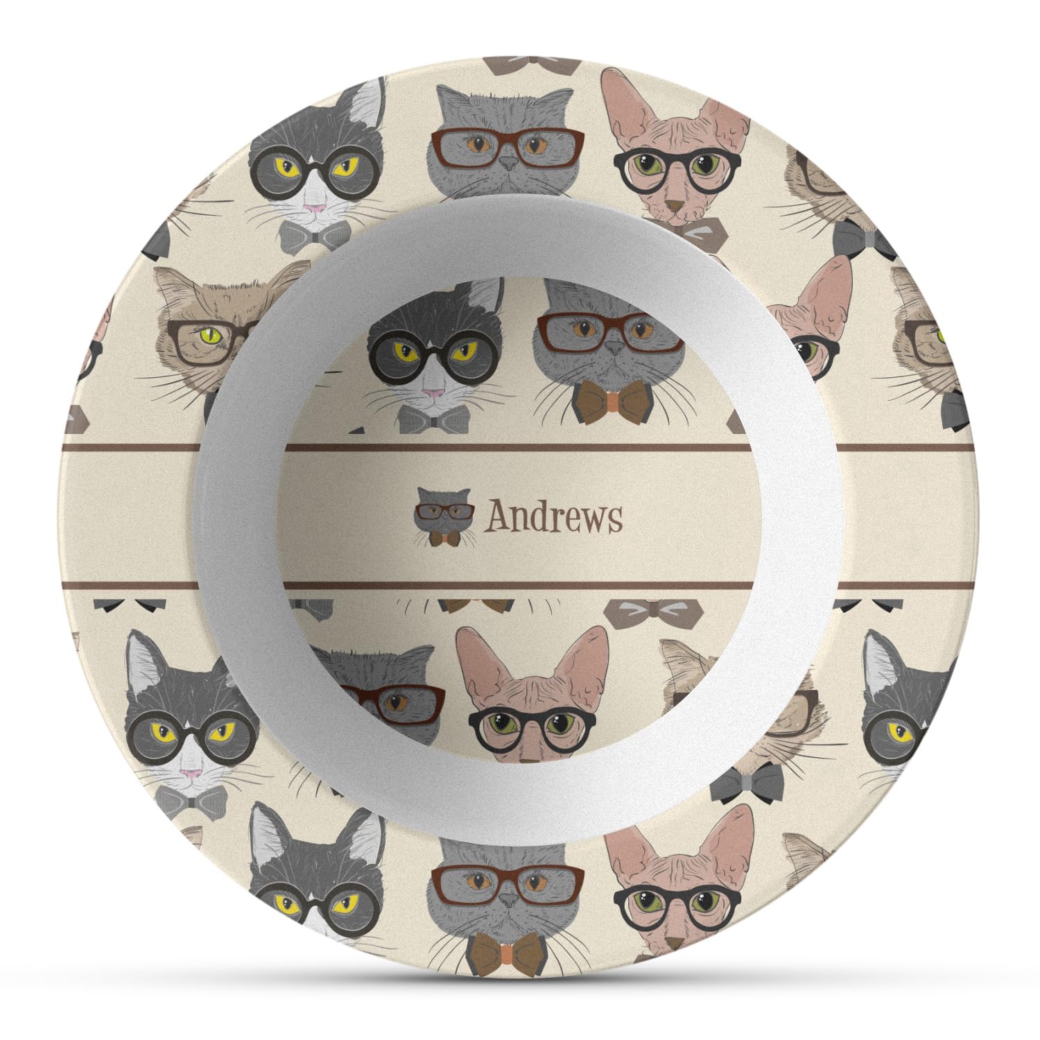 Personalized Hipster Cats Plastic Bowl - Microwave Safe - Composite Polymer