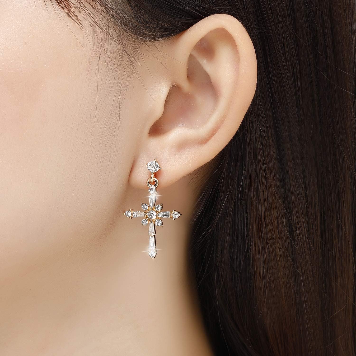 Kruckel Gold Drop Earrings for Women with 925 Sterling Silver Post, Rhinestone Gold Cross Love Statement Stud Earring, Great for New Year Easter Baptism Wedding Anniverary Retirement Gift for Woman - Image 4