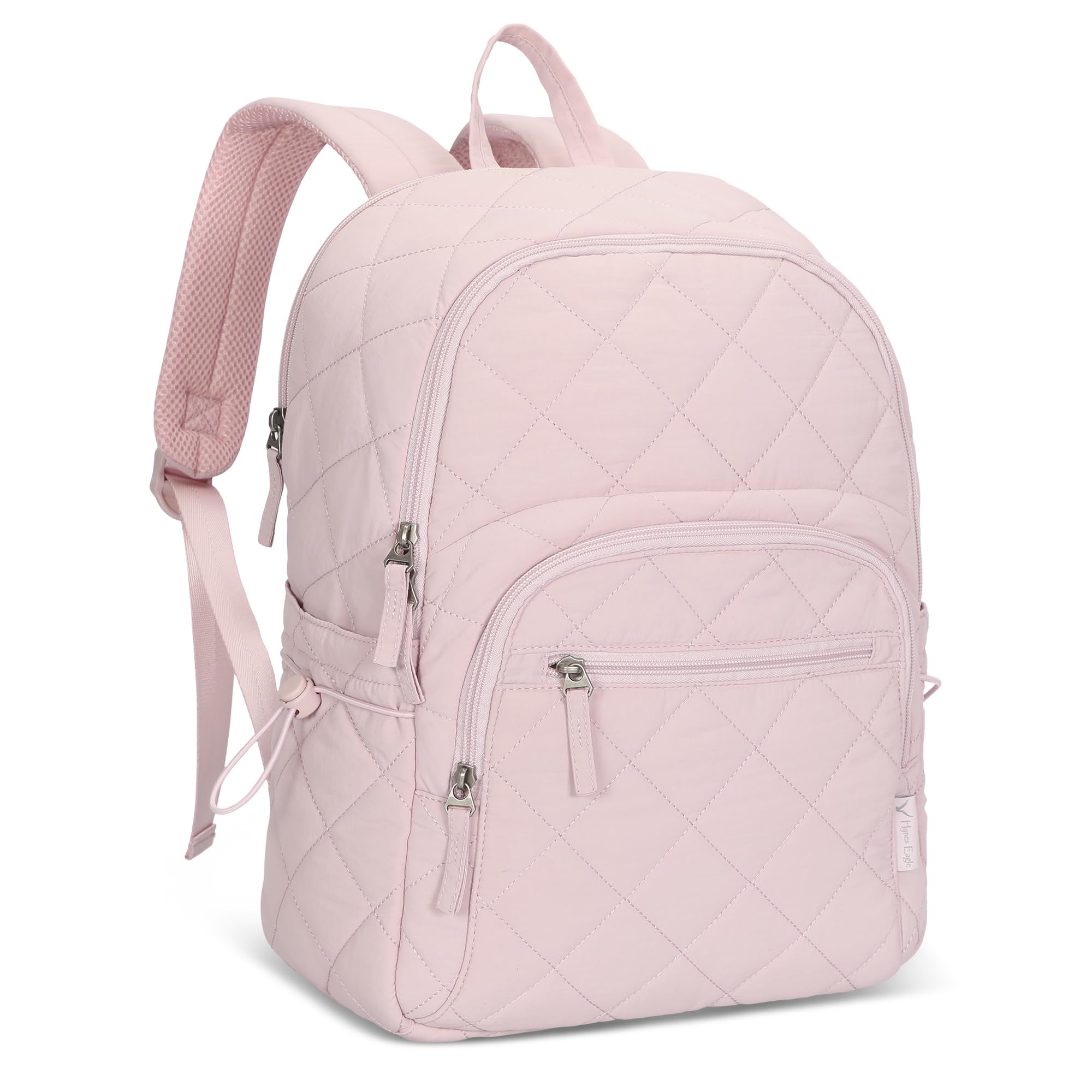 Travel Laptop Backpack Quilted College Backpack for Women Puffer Casual Daypack Personal Item Bag for 16 Inch Light Pink