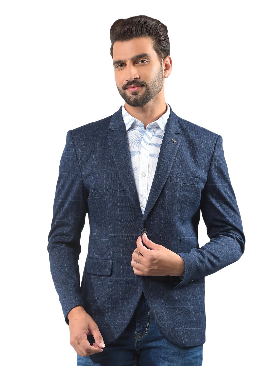 crimsoune club Men's Navy Blue Checked Notched Lapel Single-Breasted Blazer-picture-11