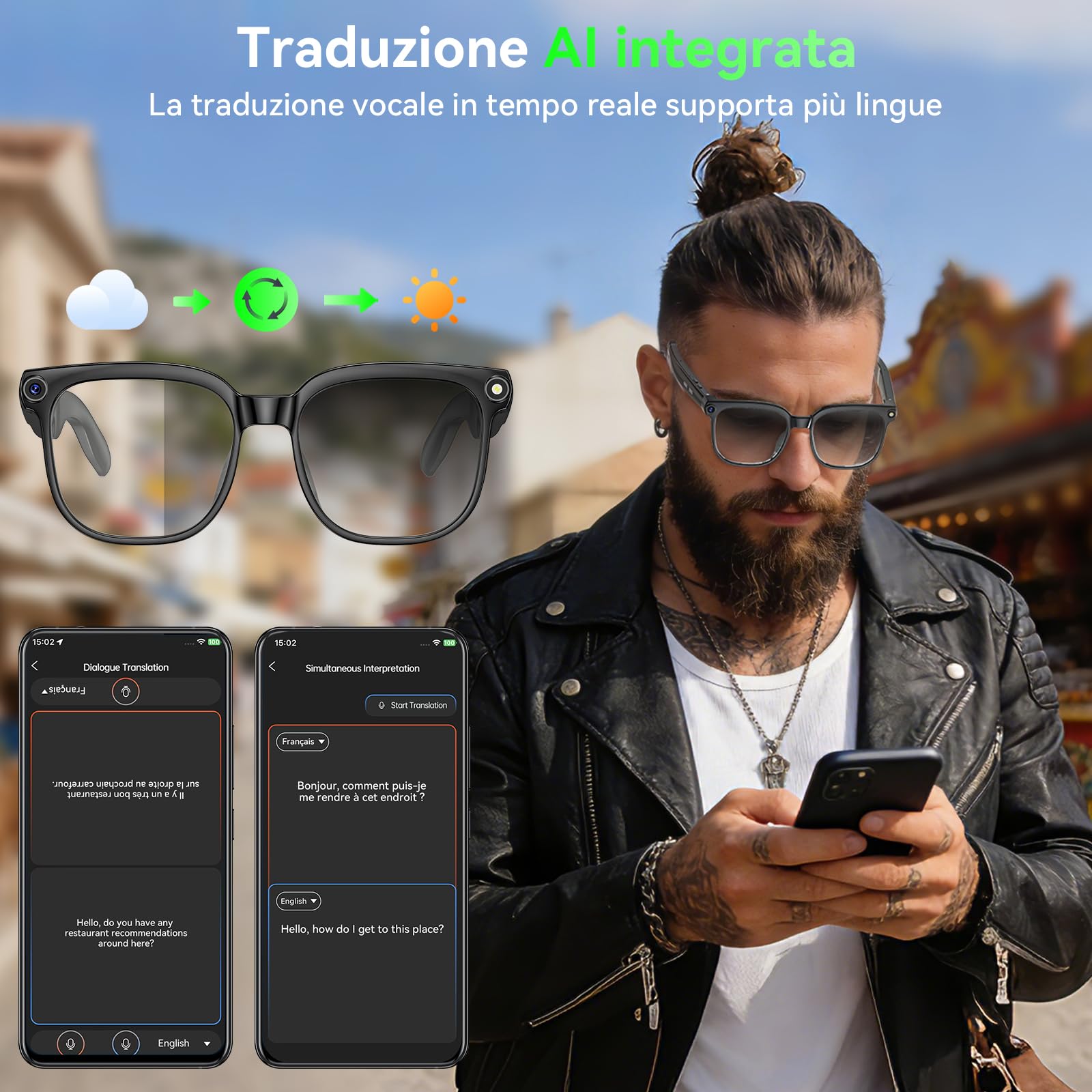 Occhiali Smart con Fotocamera 8MP,Smart Glasses AI,Occhiali Intelligenti con Fotografia/Registrazione/Chiamate Intelligenti/Musicale/Traduzione/Riconoscimento Immagini, Nero