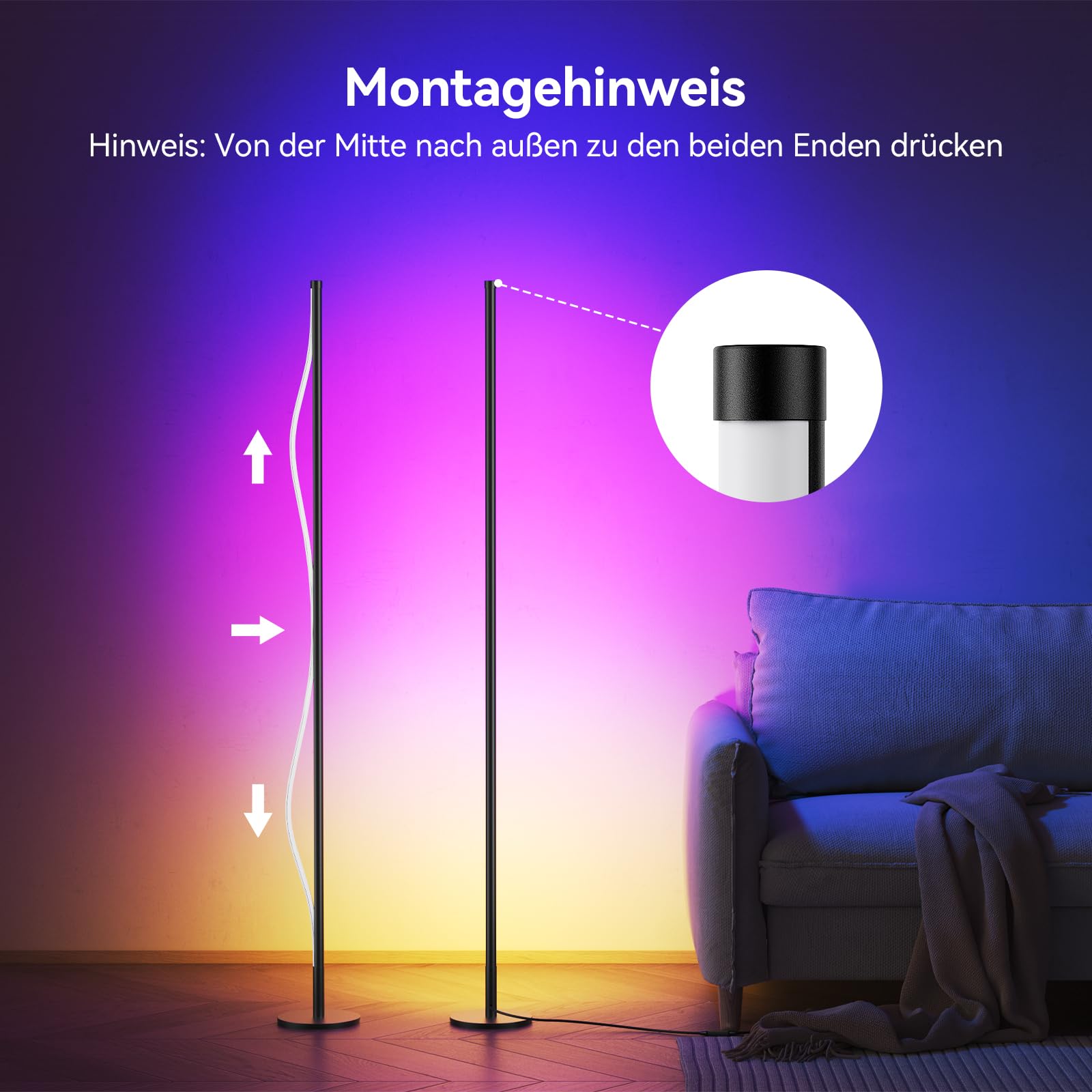 LED Stehlampe Wohnzimmer RGB - 2 Stück 160cm Stehlampe Dimmbar, Standleuchte LED mit Fernbedienung und APP, Musikmodi, DIY-Modus & Timing -Funktion für Schlafzimmer, Gaming, Ruß