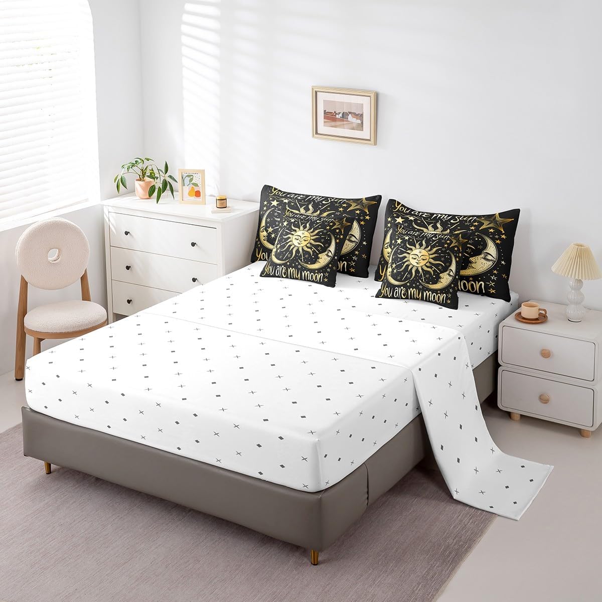 Feelyou Sun and Moon Comforter Set Queen Size 7 Pieces, Constellation Galaxy Bedding Set for All Season, Psychedelic Boho Bed in a Bag with Comforter, Sheets, Pillowcases & Cushion Cover