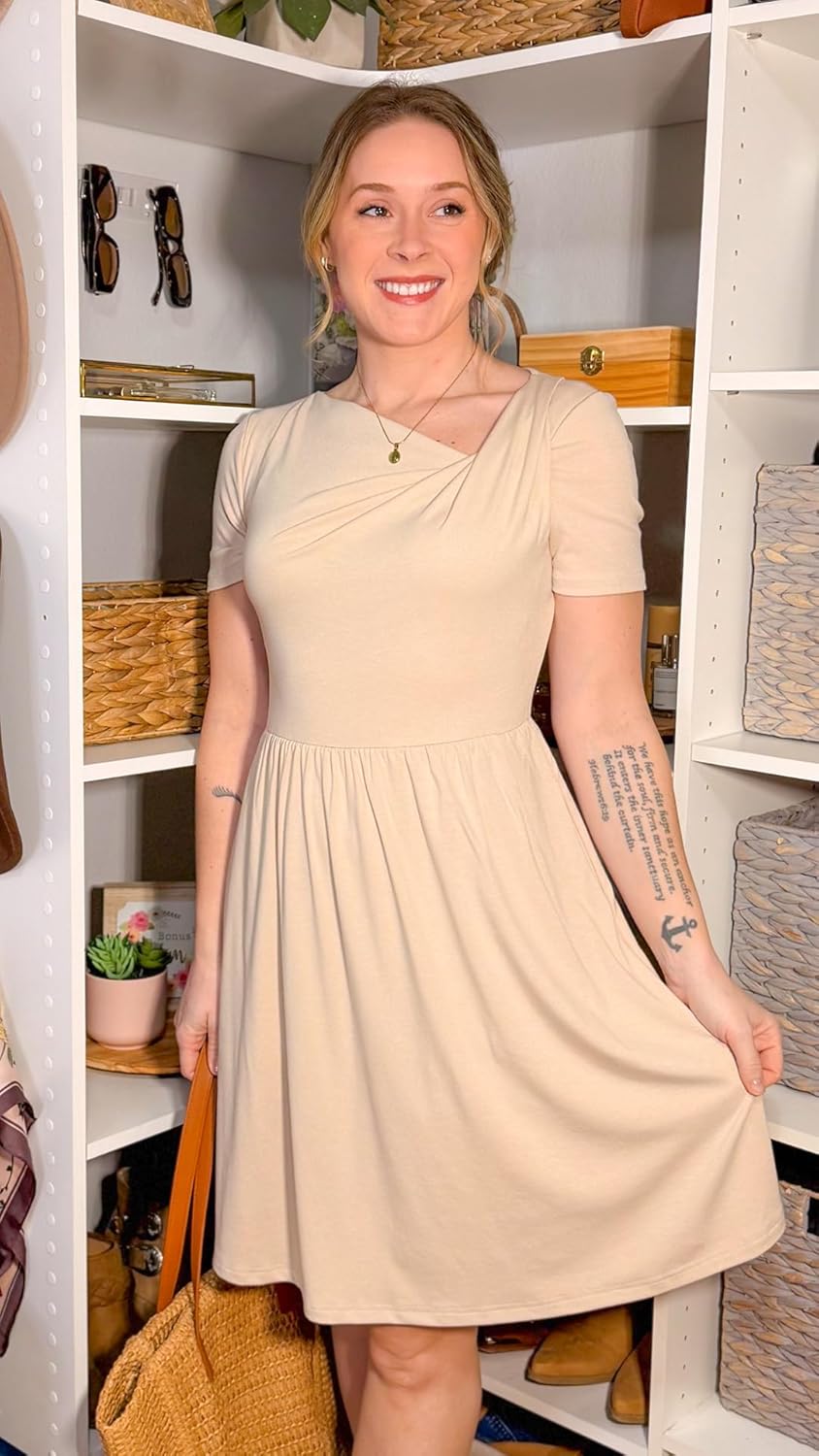 MEROKEETY Women's Asymmetrical V Neck Sundress 2026 Spring Summer Short Sleeve Ruched Casual A Line Mini Dresses Pockets - Image 6