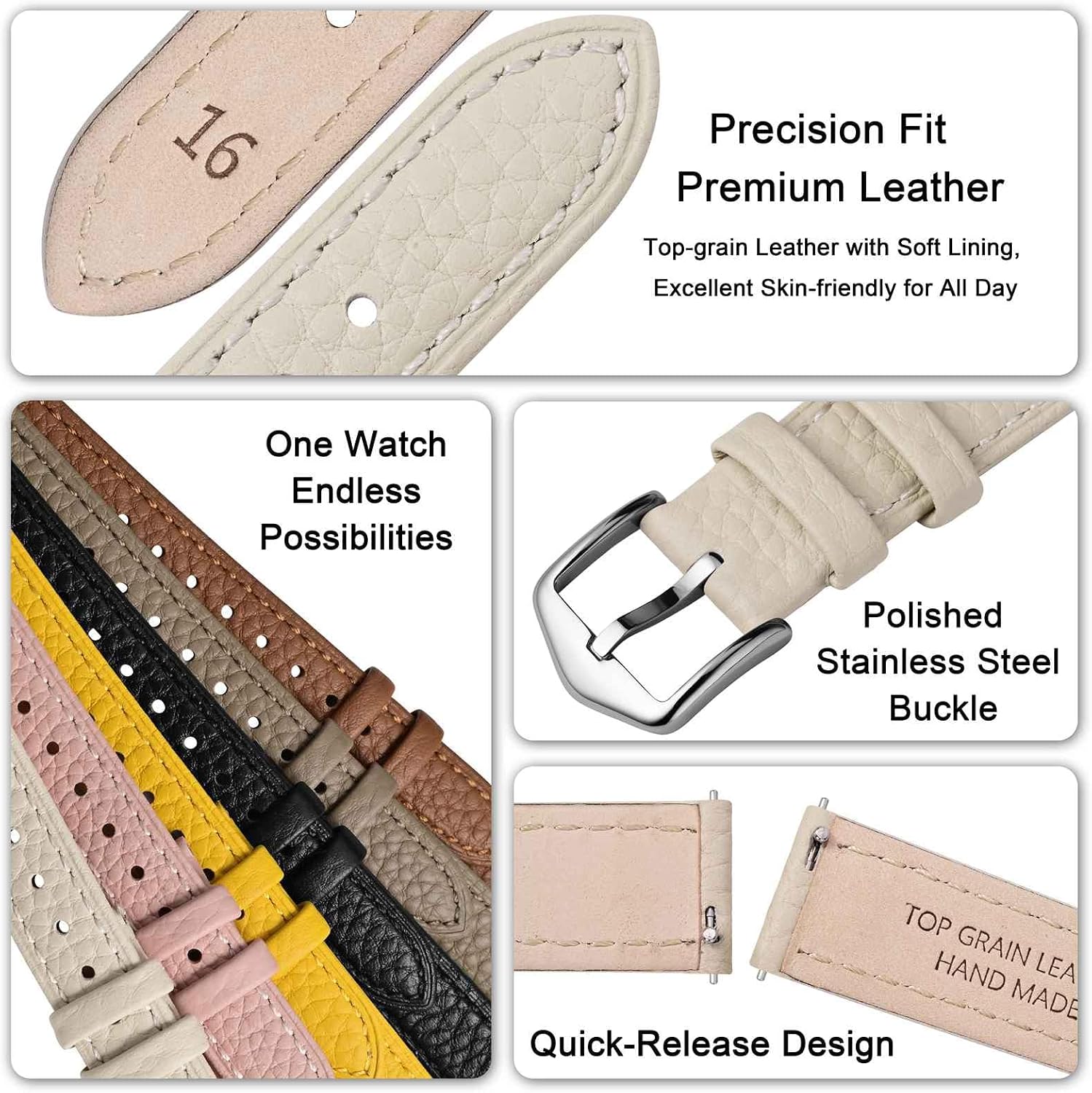 Leather Watch Bands for Women, Top Grain Leather, Lychee Texture, Stainless Steel Buckle, Strap Width 12mm 14mm 16mm 18mm 20mm 22mm image 4