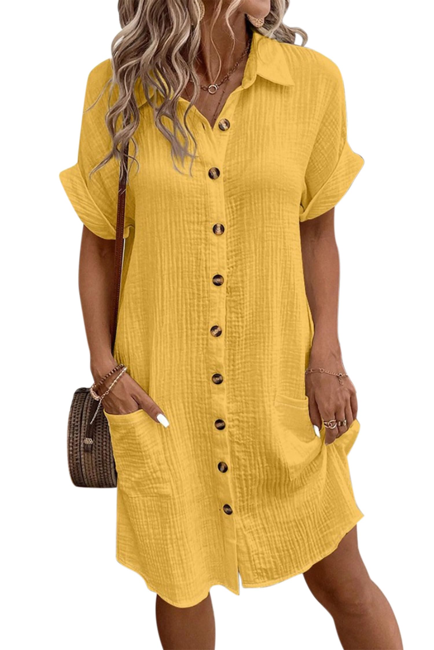 VEVESMUNDO Abito estivo da donna, a maniche corte, in cotone, lino, in mussola, in lino, da spiaggia, casual, lunghezza al ginocchio, con tasche