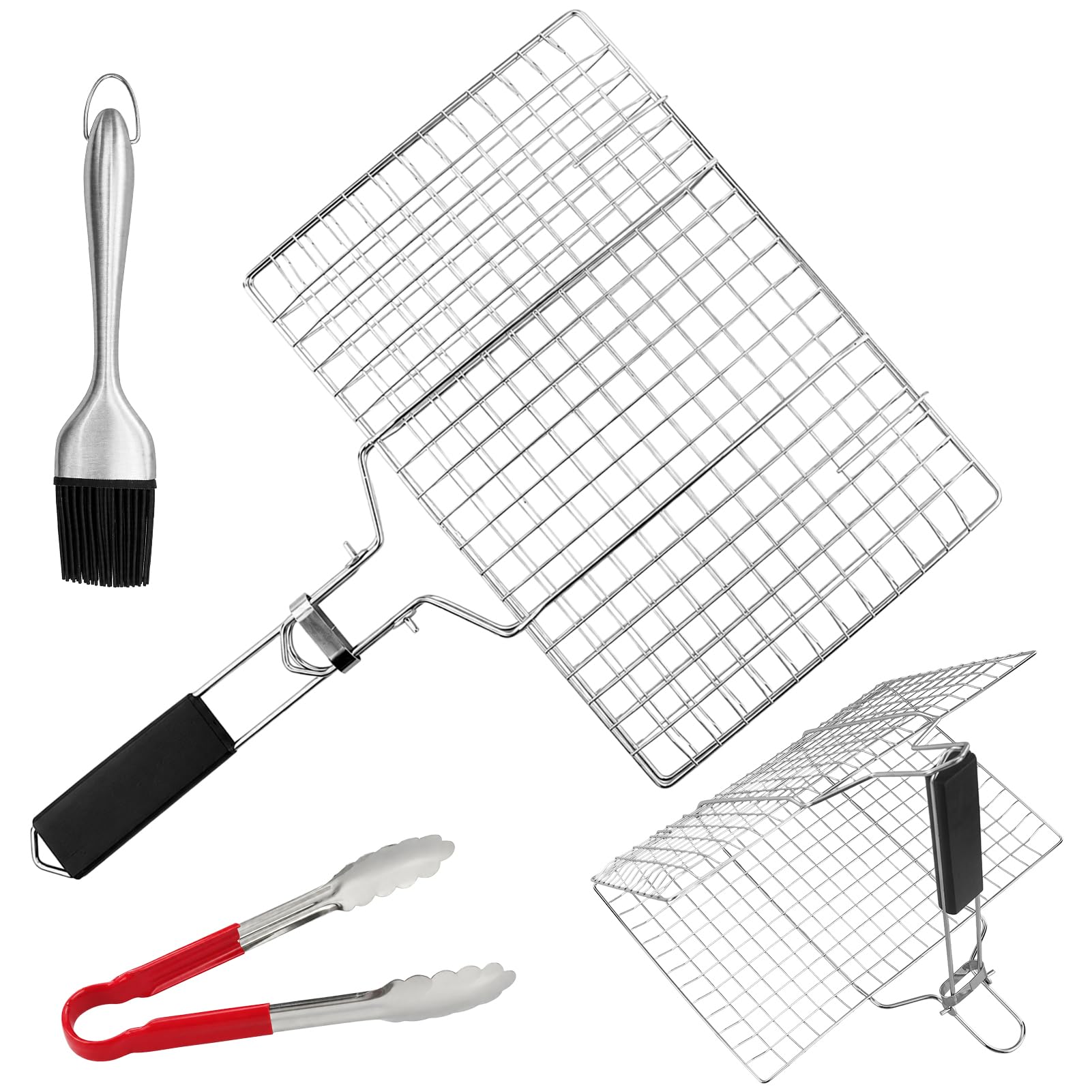 1 cestino per barbecue portatile in acciaio inox con pinza per alimenti e spazzola corta, accessori inossidabili, cestelli per grigliare, pinza pieghevole in rete con manico rimovibile per verdure