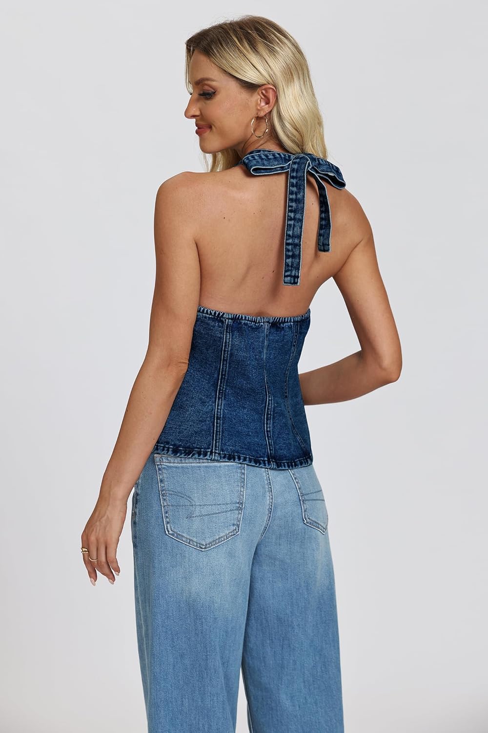 D-Sun Women Sleeveless Denim Vest Denim Halter Top Tie Backless Button Down Y2K Strapless Front Slit Sexy Jean Tank - Image 3