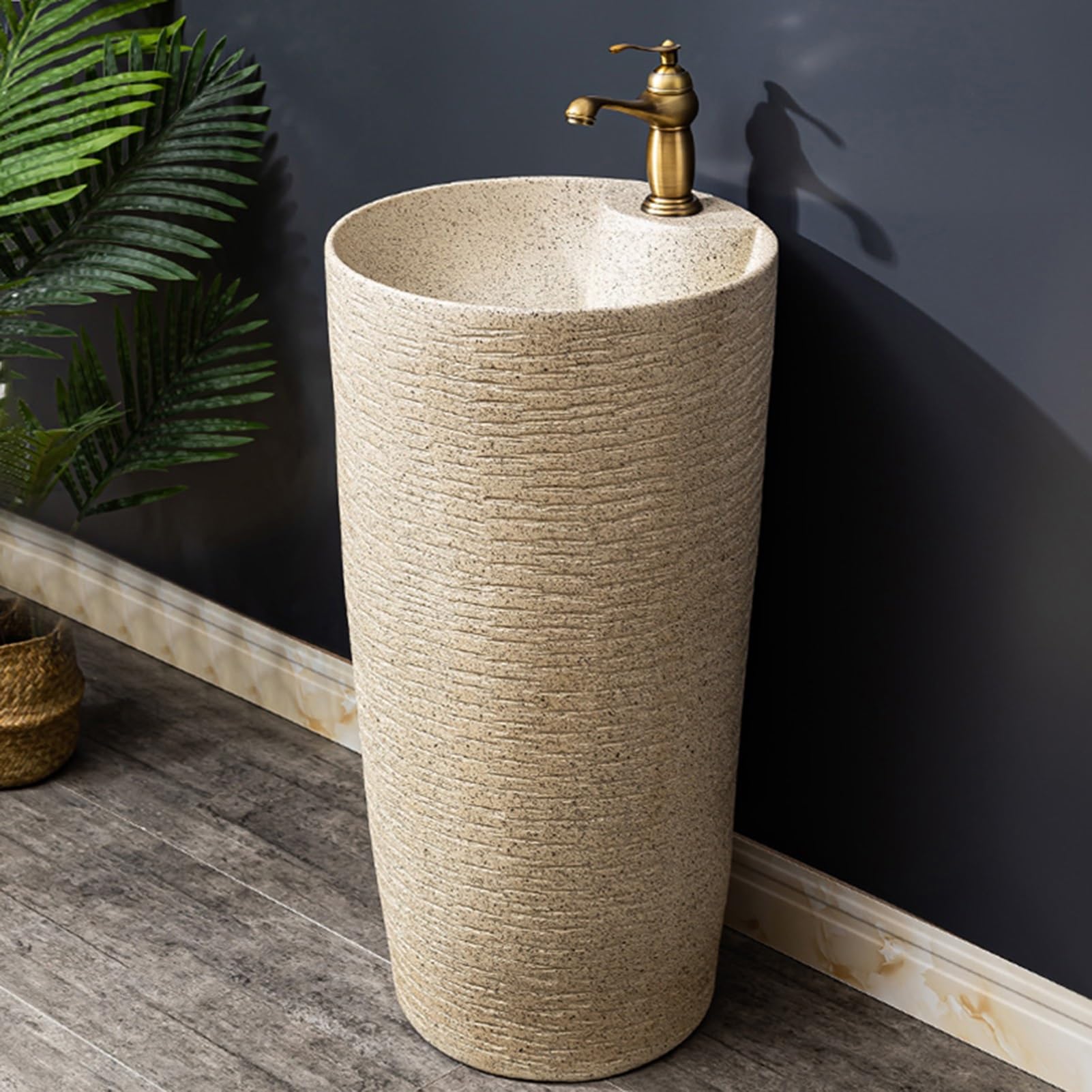Lavabo de pie lavabo de pedestal de cerámica para baño, lavabo de columna tallado a mano, lavabo artístico de estilo industrial, con mangueras frías y calientes, lavabo para tocador