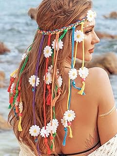 DRESBE Boho Beach Flower Headbands Colorful Daisy Floral Hippie Headband Summer Tassel Hair Accessories for Women
