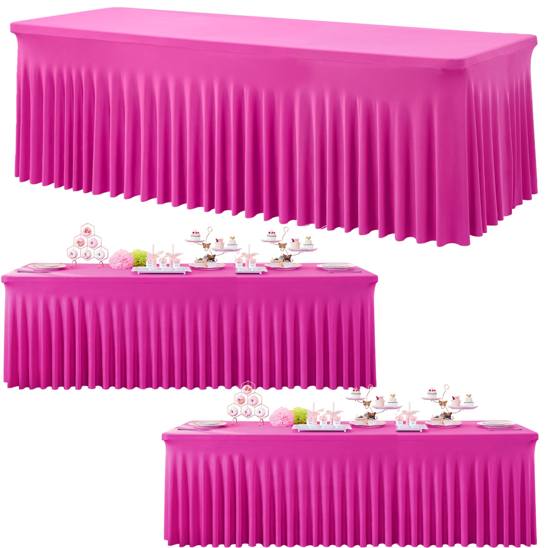 3 Pack Hot Pink Spandex Tablecloth for 6 Foot Rectangle Tables, Wrinkle Free Fitted Table Cloth Cover 6ft Fuchsia Stretchy Tablecloths with Skirt for Parties Weddings Birthday Banquet Baby Shower