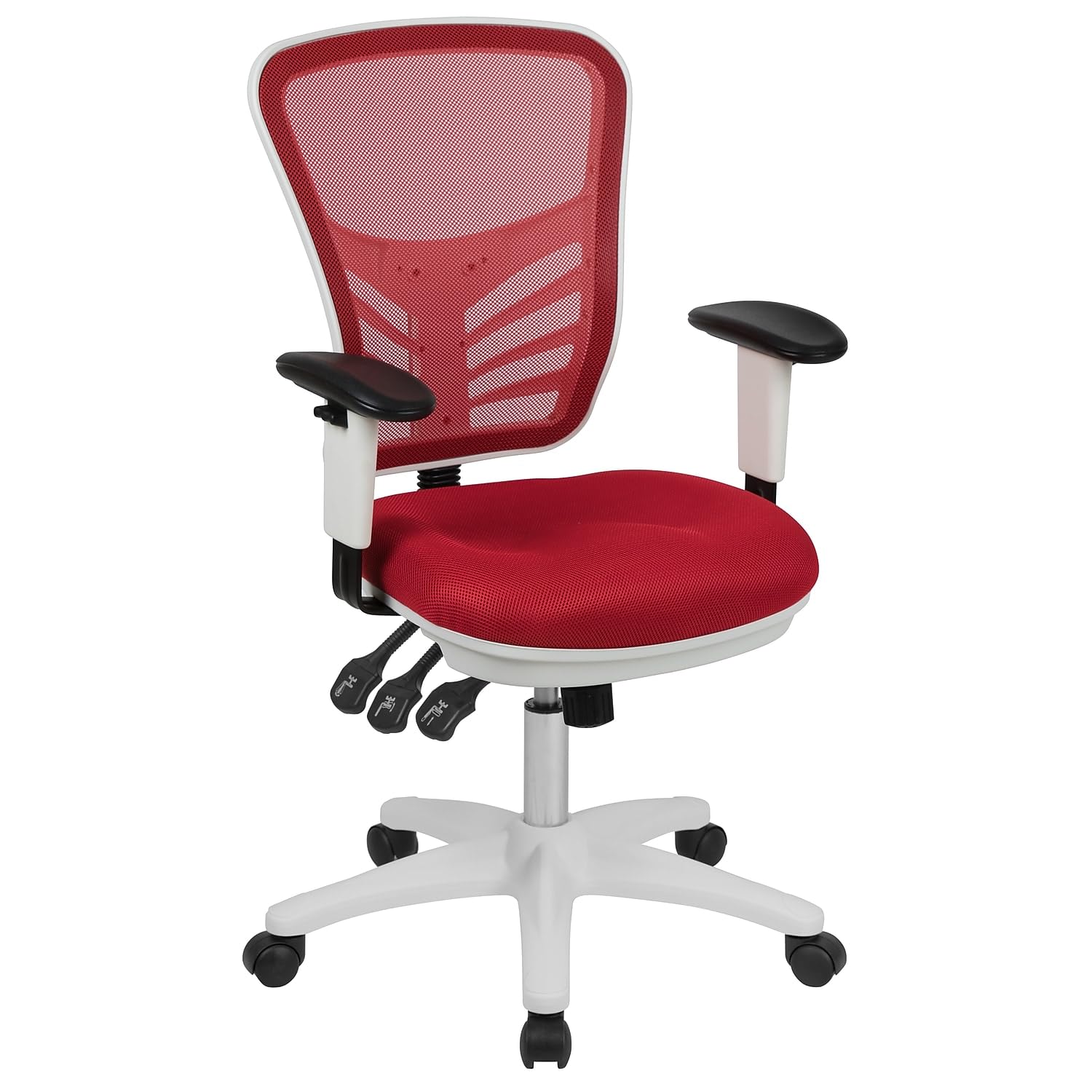 Flash Furniture Nicholas Mid-Back Red Mesh Multifunction Executive Swivel Ergonomic Office Chair with Adjustable Arms and White Frame