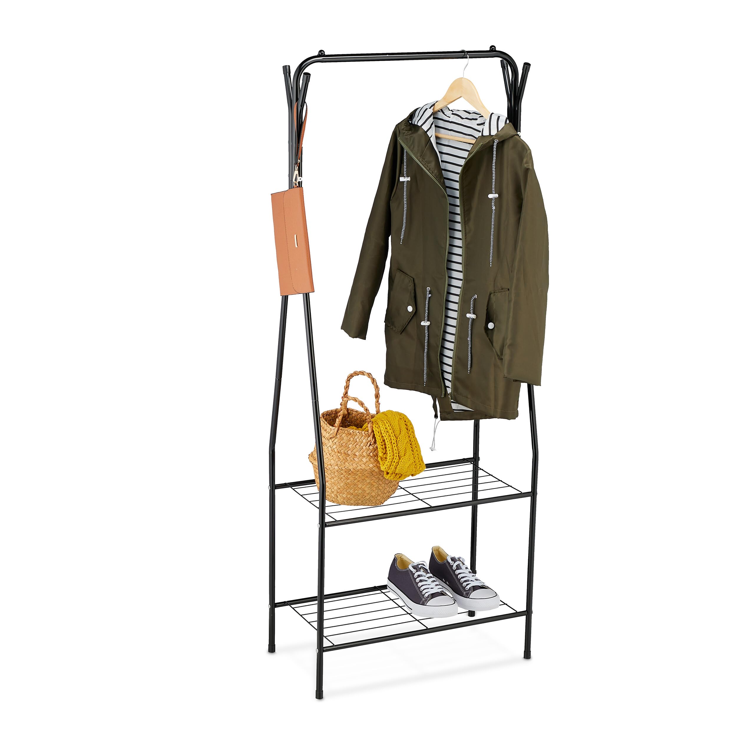 Relaxdays Coat Rack Metal, 2 Shelves & 4 Hooks, Free-Standing Clothes Rail, Hallway Storage, HWD: 158 x 60 x 33cm, Black