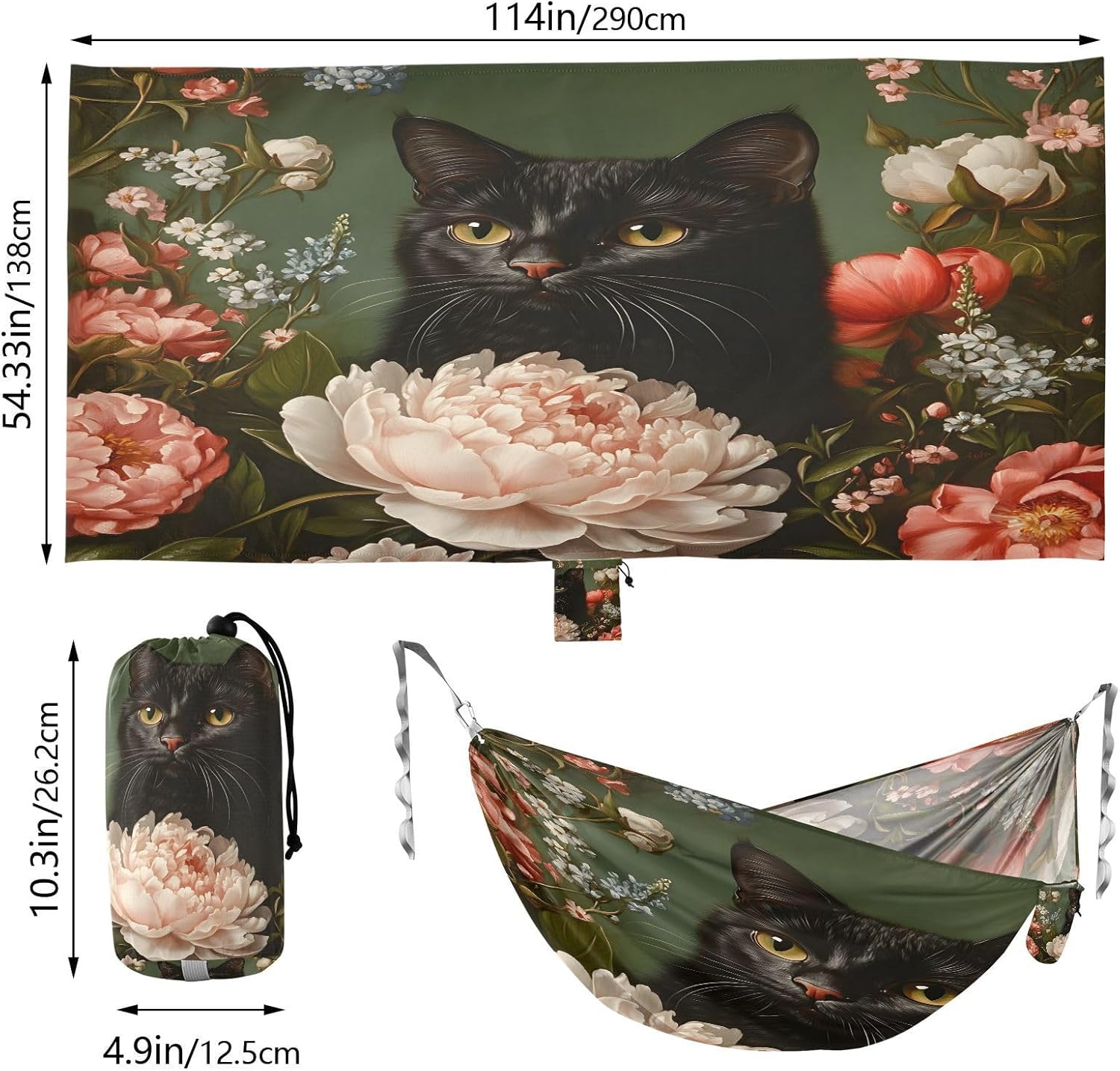 ALAZA Black Cat Peony Flowers Camping Hammocks Single or 2 Person 500 lbs Portable Parachute Travel Hammock w/Tree Straps for Hiking Backpacking Indoor Outdoor