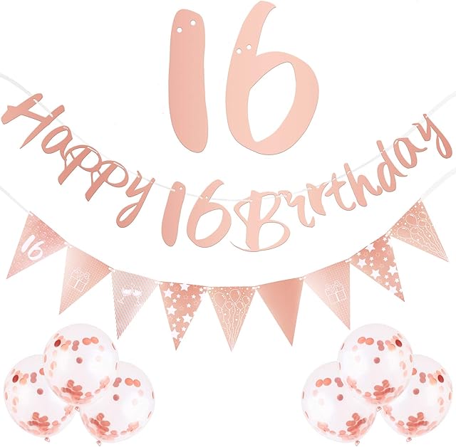 ADXCO 8 Pieces 16th Birthday Decorations Kit Include Rose Gold Happy 16th Birthday Banner, Triangle Flag Banner and Confetti Latex Balloons for Party Decoration Birthday Party Supplies
